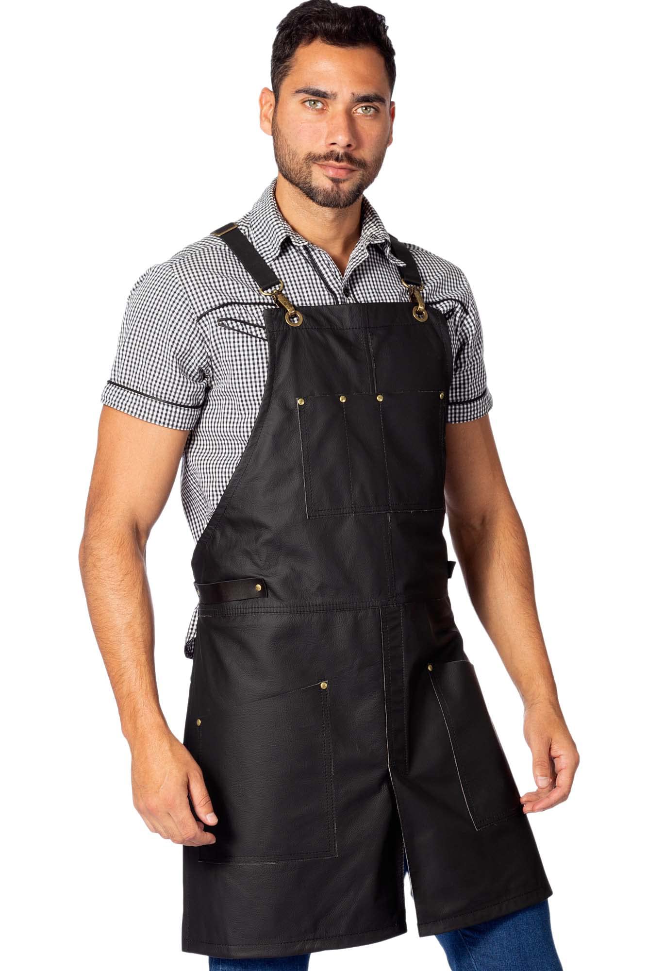 Genuine Leather Apron for Barbers, Chefs & Bartenders - Cross-Back Straps, Split-Leg Design with Riveted Lining - Premium Black Leather Work Apron for Cooking, Coffee Brewing & Crafting - Under NY Sky Brand