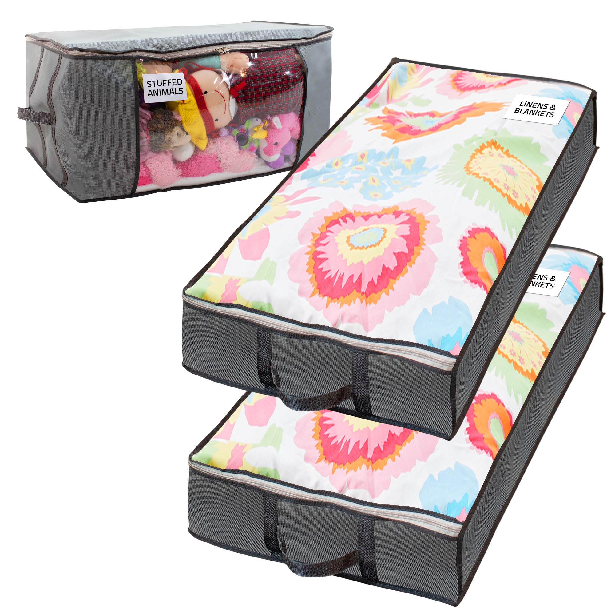 Foldable Under-Bed Storage Bags with Reinforced Handles & Metal Zipper - 2 Large Underbed Organizer Bins by Nest Neatly (Gray) - Perfect for Seasonal Clothing, Blankets, Shoes & Home Organization