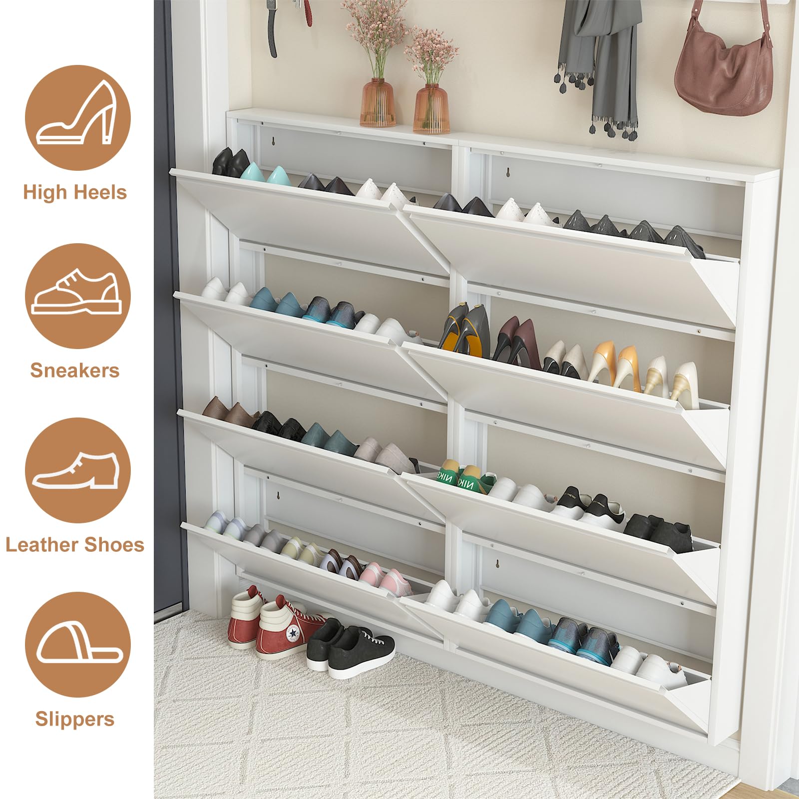 LucyPal 4-Tier Wall Mounted Shoe Storage Cabinet - White Narrow Flip-Drawer Shoe Organizer for Entryway, Hallway & Living Room (56.9