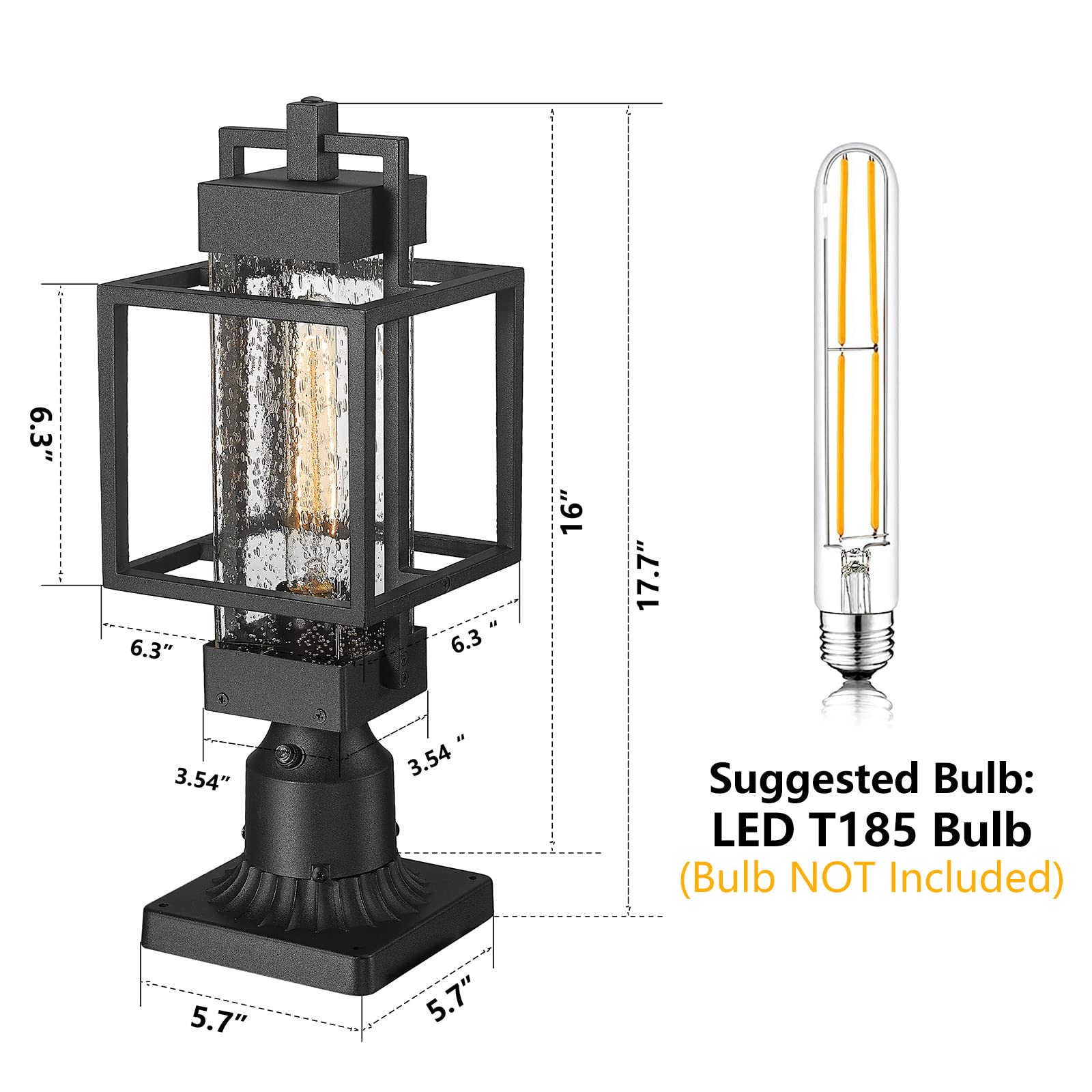 Dusk to Dawn Sensor Outdoor Post Light Fixtures - Waterproof Exterior Pier Mount Lantern with Bubble Glass for Garden, Patio, House - Perfect for Pathway, Driveway, and Landscape Lighting (2375/1GS-SBK)