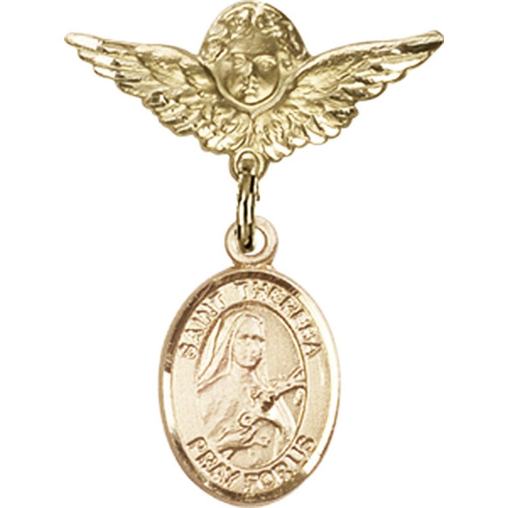 St. Theresa Gold Filled Baby Badge with Angel Wing Charm - 1 x 3/4 Inch Religious Jewelry Pin for Baptism, Christening & First Communion Gifts