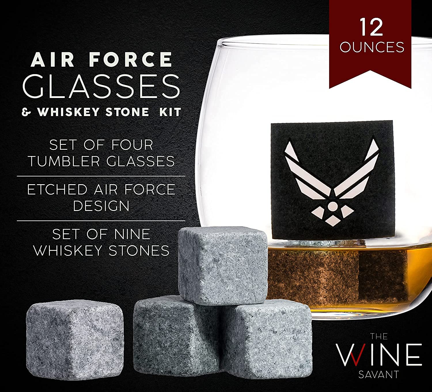 US Air Force Whiskey Decanter Set with 4 Glasses & 9 Whiskey Stones - Wooden Base Bourbon Scotch Gift for Men, Dad, Him - Perfect for Home Bars, Man Caves & Military Themed Parties