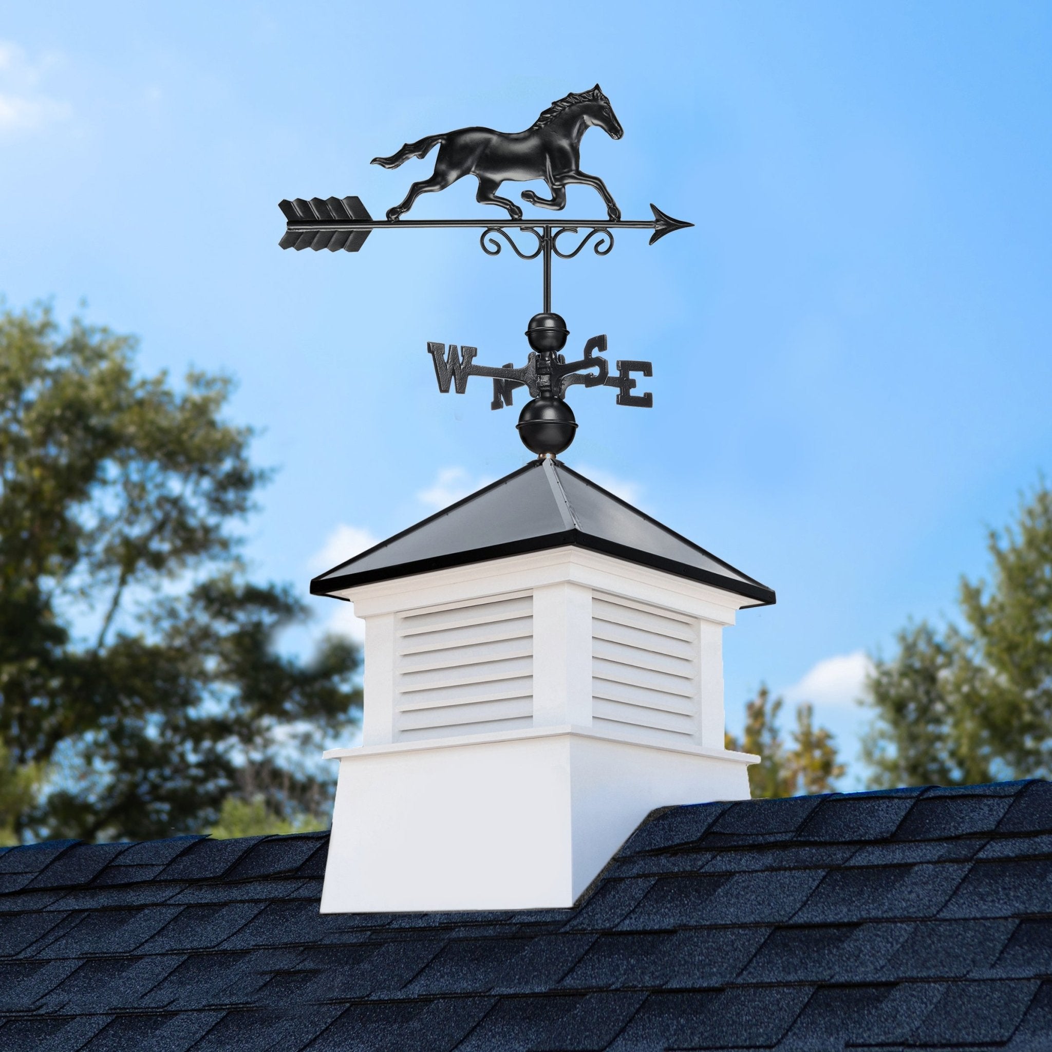 18 Square Manchester Vinyl Cupola with Black Aluminum Roof & Horse - Weatherproof Decorative Ventilation for Barns, Sheds & Outdoor Buildings