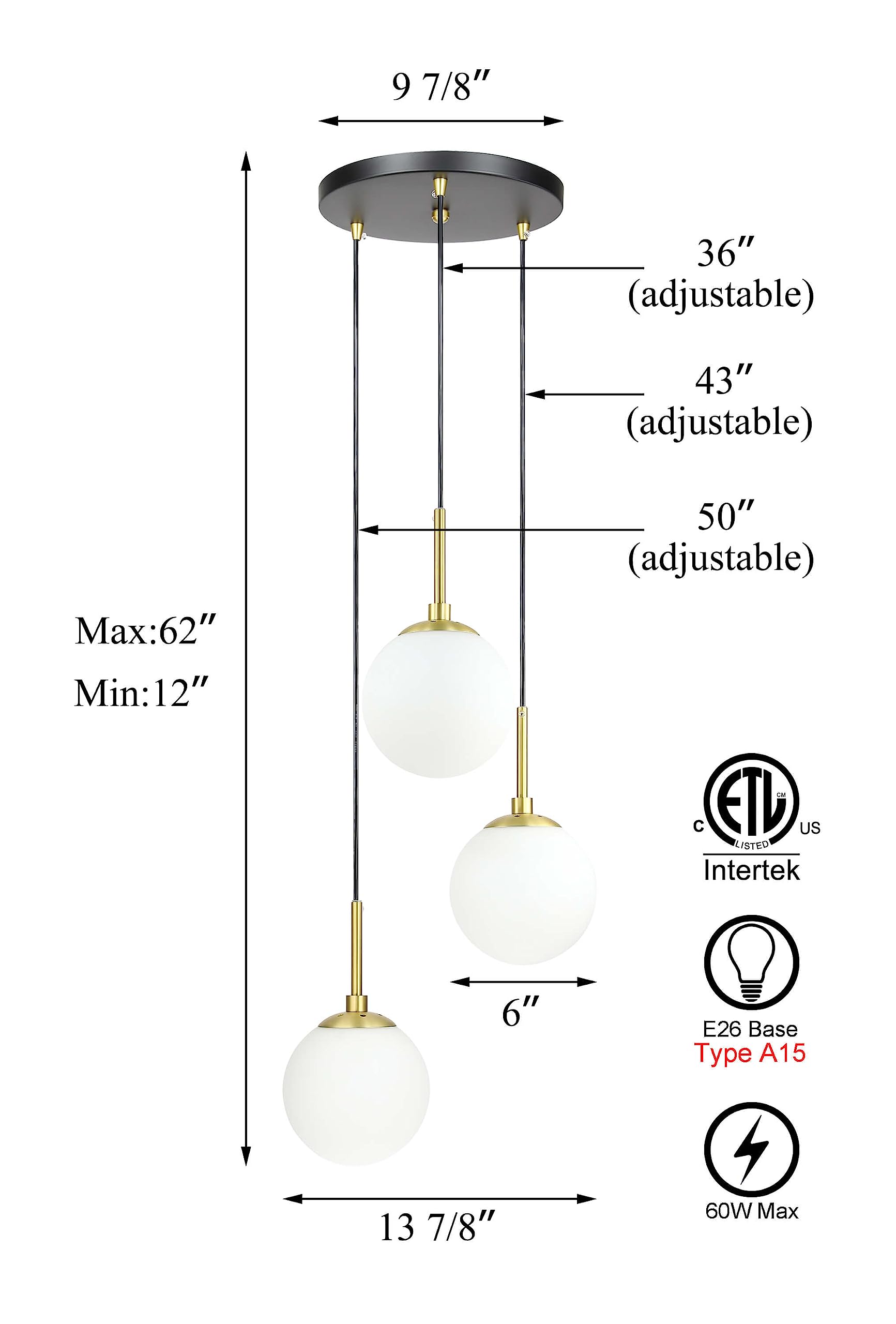 XiNBEi Lighting 3-Light Globe Cluster Pendant Light - Modern Adjustable Black Brass Chandelier for Kitchen Island, Stairwell & Staircase Lighting | Dining Room, Foyer & Bedroom Decoration