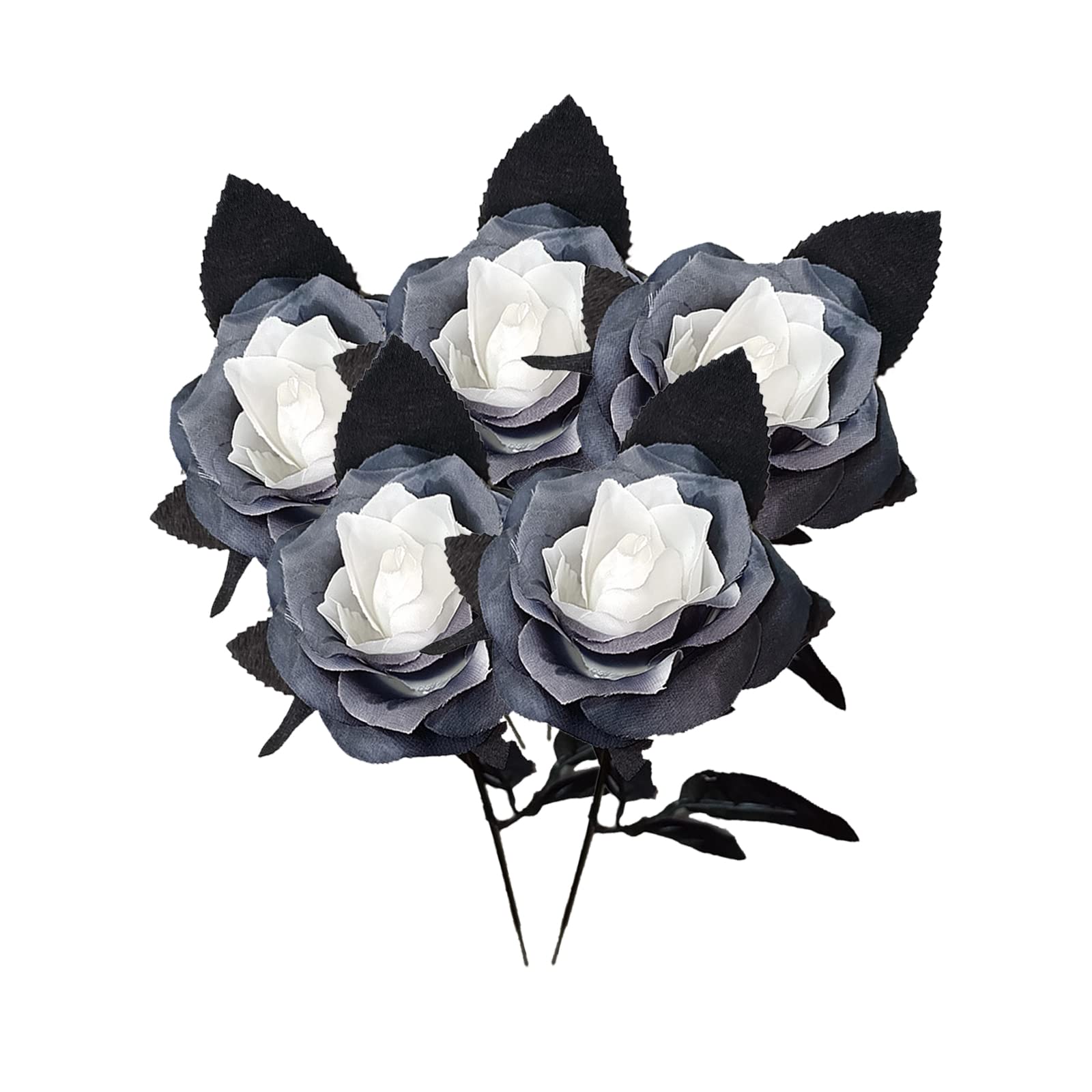 10 Pack Artificial Black Rose Stems - 16 Inch Realistic Silk Black & White Roses with Black Leaves - Fake Flower Bouquet for Wedding, Halloween Party, Home & Office Decor - Perfect for Centerpieces, Gothic Decor, and Dark Romance Themes