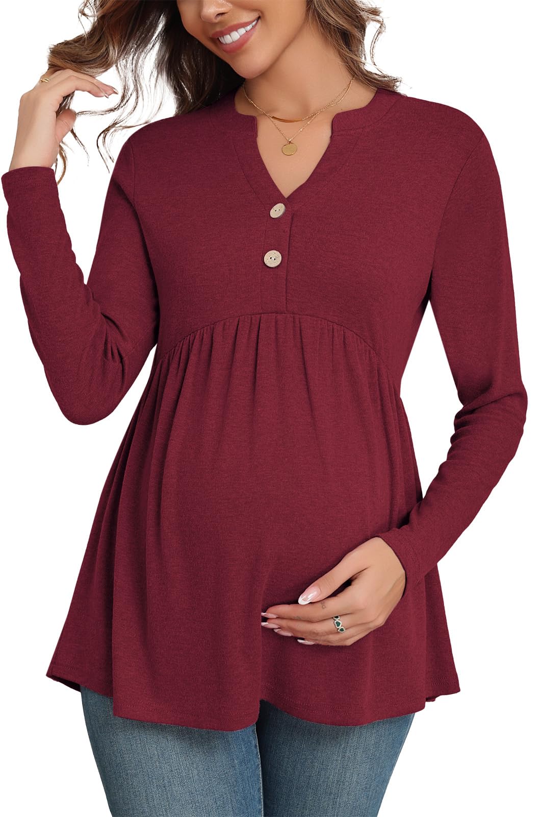Xpenyo Women's Maternity Tops - Long Sleeve Pregnancy Shirts, V-Neck Button Down Tunic Blouse for Fall 2024 | Comfortable Casual & Dressy Maternity Wear for Work, Dates & Everyday Outfits