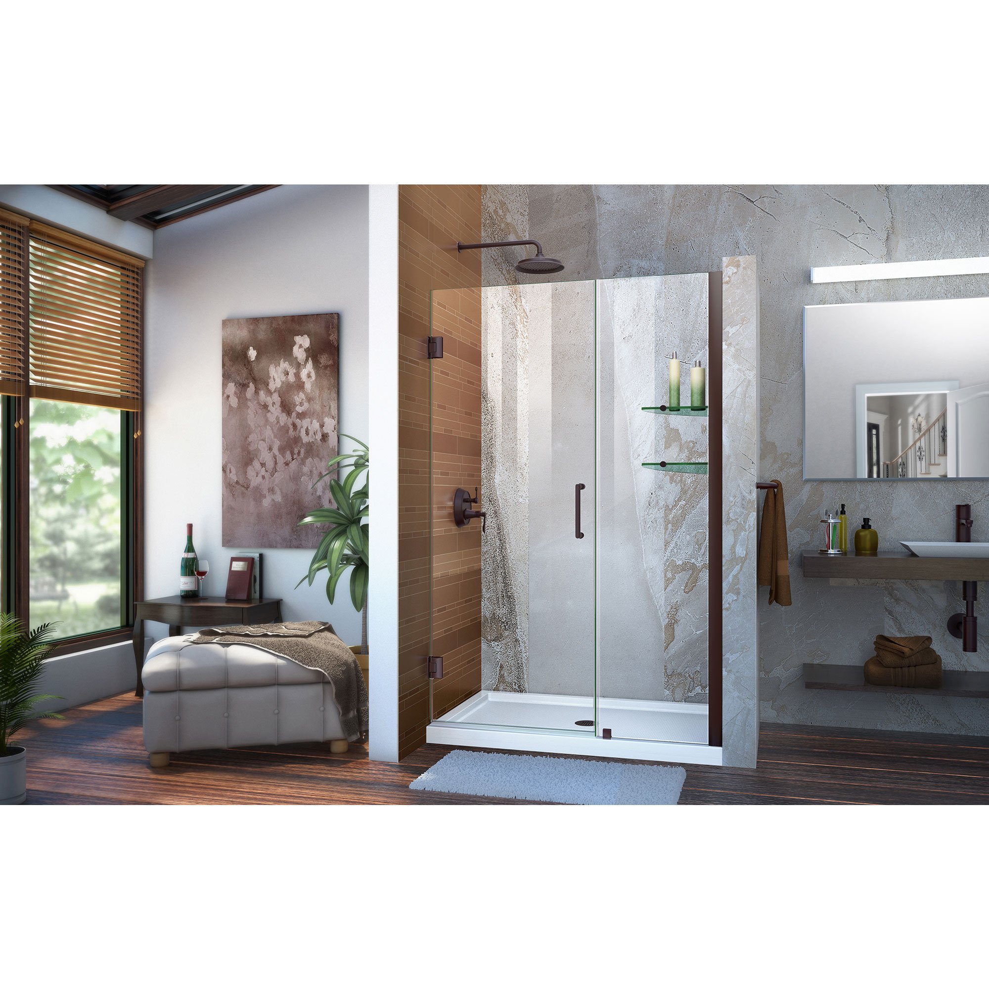 DreamLine Unidoor 46-47 Inch W x 72 Inch H Frameless Hinged Shower Door with Shelves in Oil Rubbed Bronze - Modern Bathroom Upgrade for Luxurious Shower Experience
