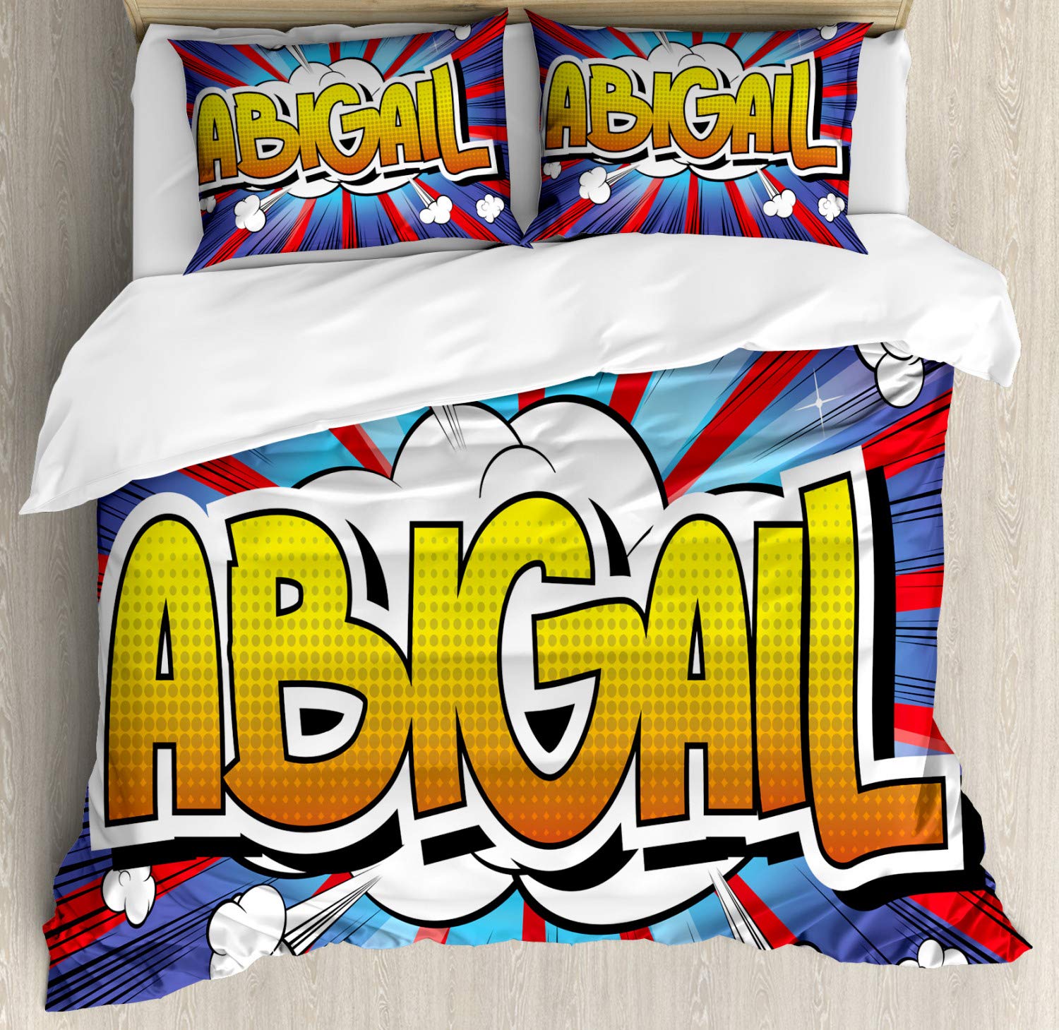 Ambesonne Abigail King Size Duvet Cover Set - Retro Comic Book Style with Cartoon Effects on Abstract Pop Art Background, 3-Piece Bedding Set Includes 2 Pillow Shams, Multicolor - Perfect for Teen Bedrooms, Dorm Decor & Superhero Themed Rooms