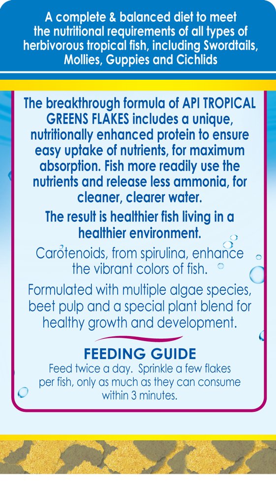 API TROPICAL GREENS FLAKES Fish Food - Premium Tropical Fish Greens Flakes for Freshwater & Saltwater Aquariums - 2.1-Ounce Container - Ideal for Guppies, Tetras, Angelfish & More