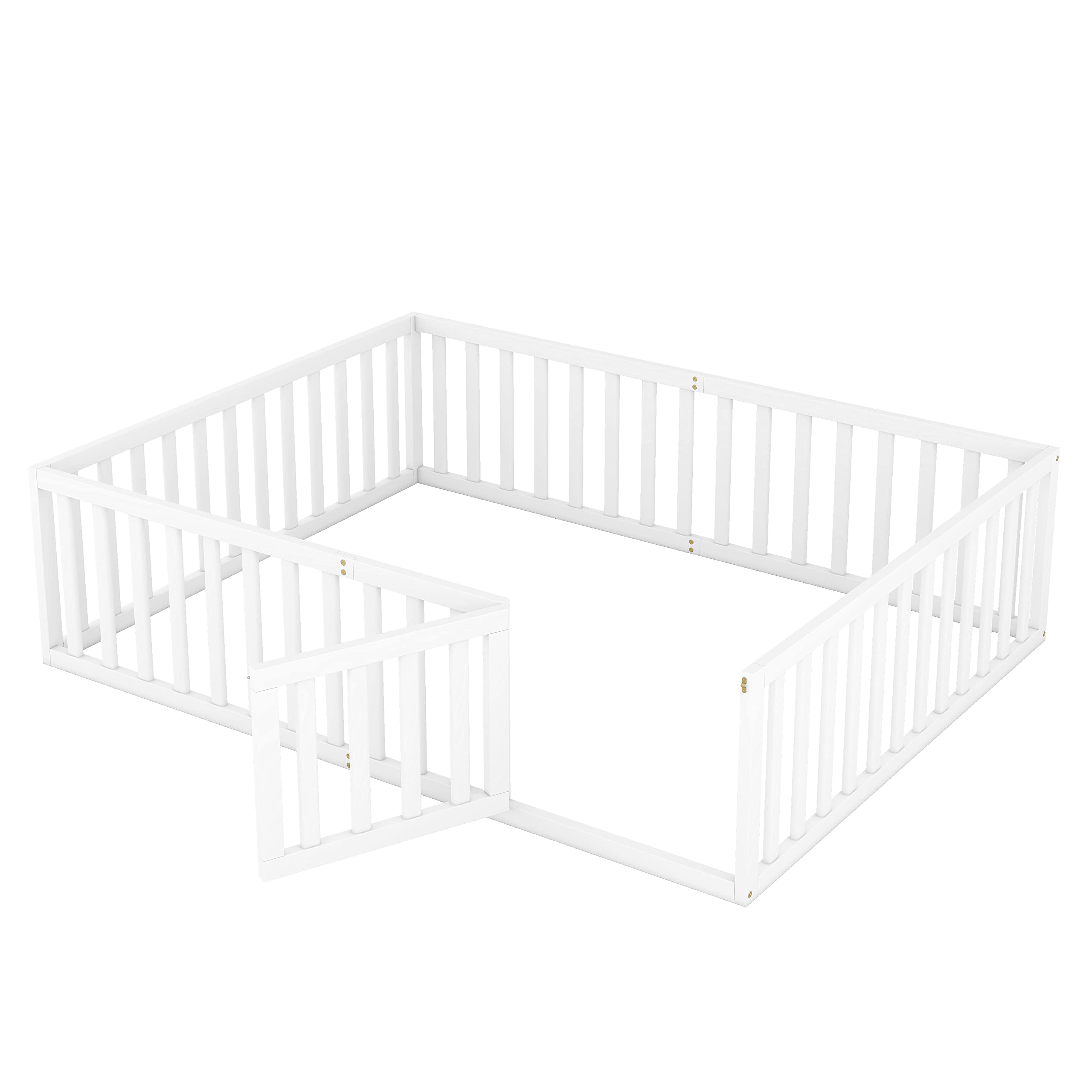 LZ LEISURE ZONE Queen Size Platform Bed with Fence - Solid Wood Floor Bed Frame with Door - Sturdy Queen Daybed Frame in White - Perfect for Guest Rooms, Dorms & Small Space Living