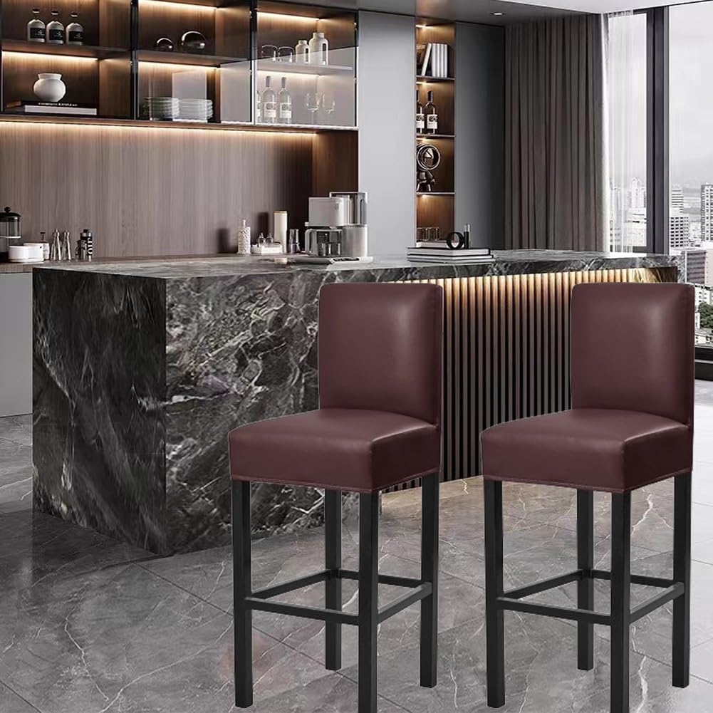2 Pack Stretch Waterproof PU Bar Stool Covers with Backs - Removable Elastic Slipcovers for Pub, Counter & Coffee Shop Chairs - Durable & Easy to Clean Seat Protectors for Home & Commercial Use