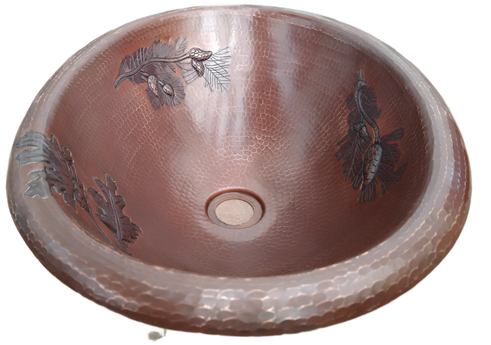 Handmade Oval Copper Sink with Rounded Edge - Rustic Branch Pinecone Design for Farmhouse Bathroom & Kitchen Decor