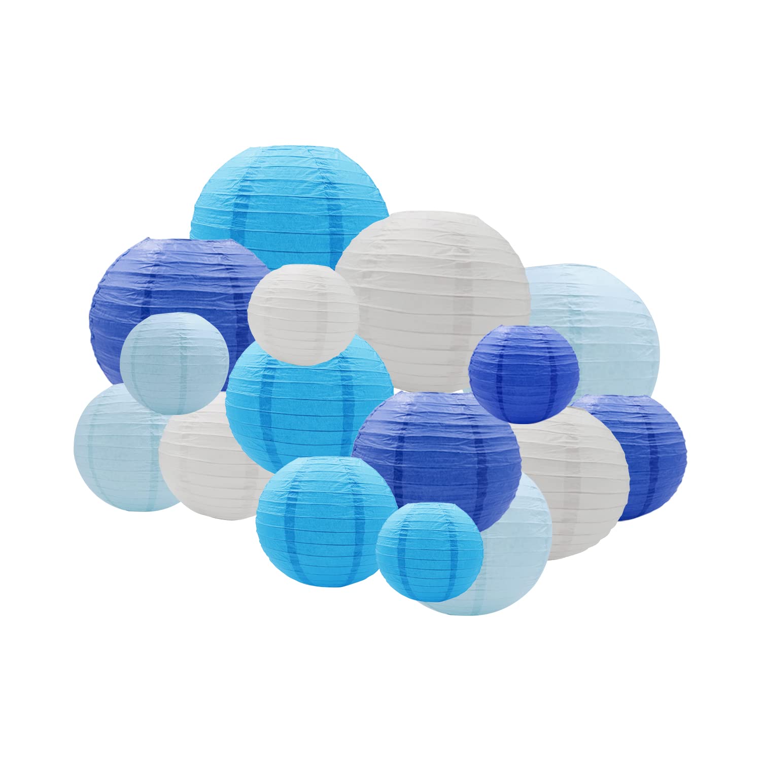 16pcs Round Chinese Paper Lanterns - Blue & White Hanging Decorations for Weddings, Graduation Parties, Birthday Events & Home Decor | Assorted Sizes Indoor/Outdoor Decorative Lighting
