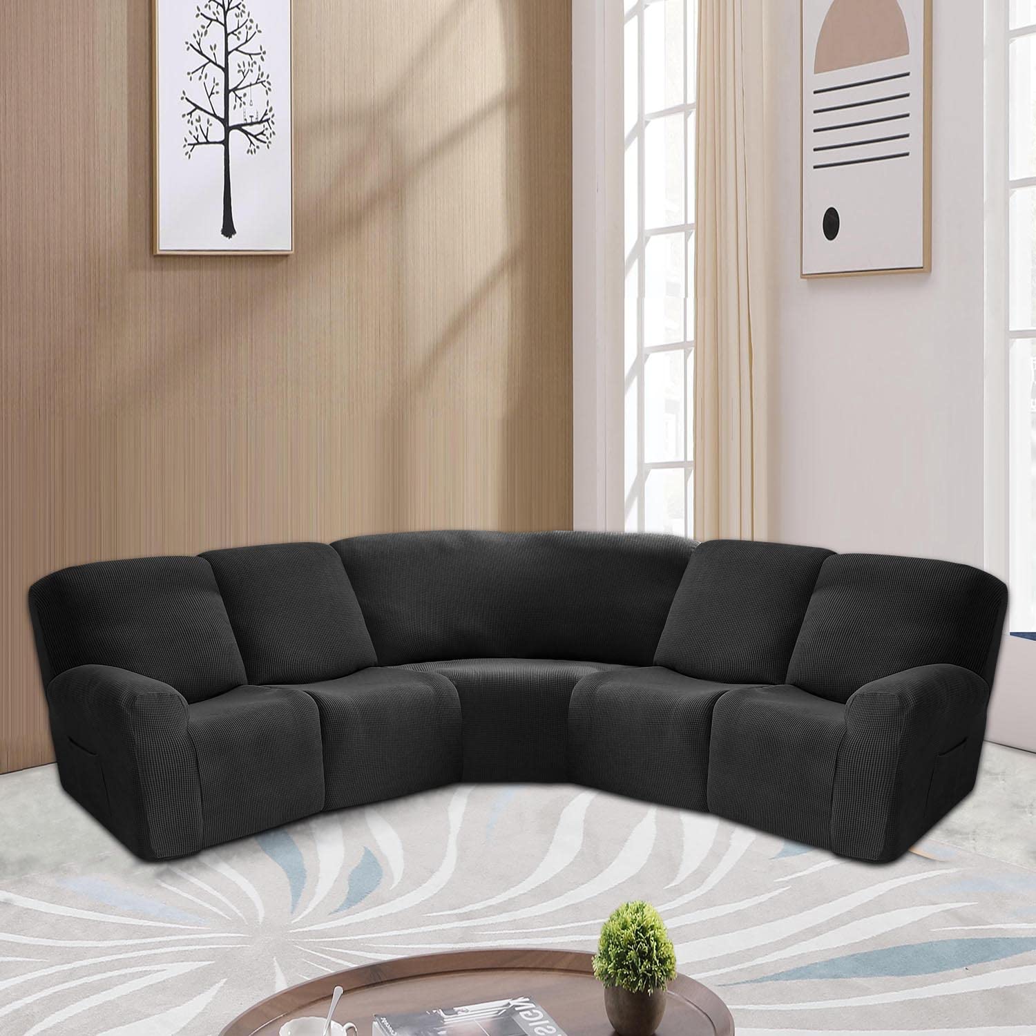 MIFXIN 5-Seat Recliner Sofa Cover Set - 7-Piece Jacquard Stretchable Soft Fabric Slipcover for L-Shaped Sectional Couch - Furniture Protector (Black) - Perfect for Living Room, Home Theater & Family Gatherings