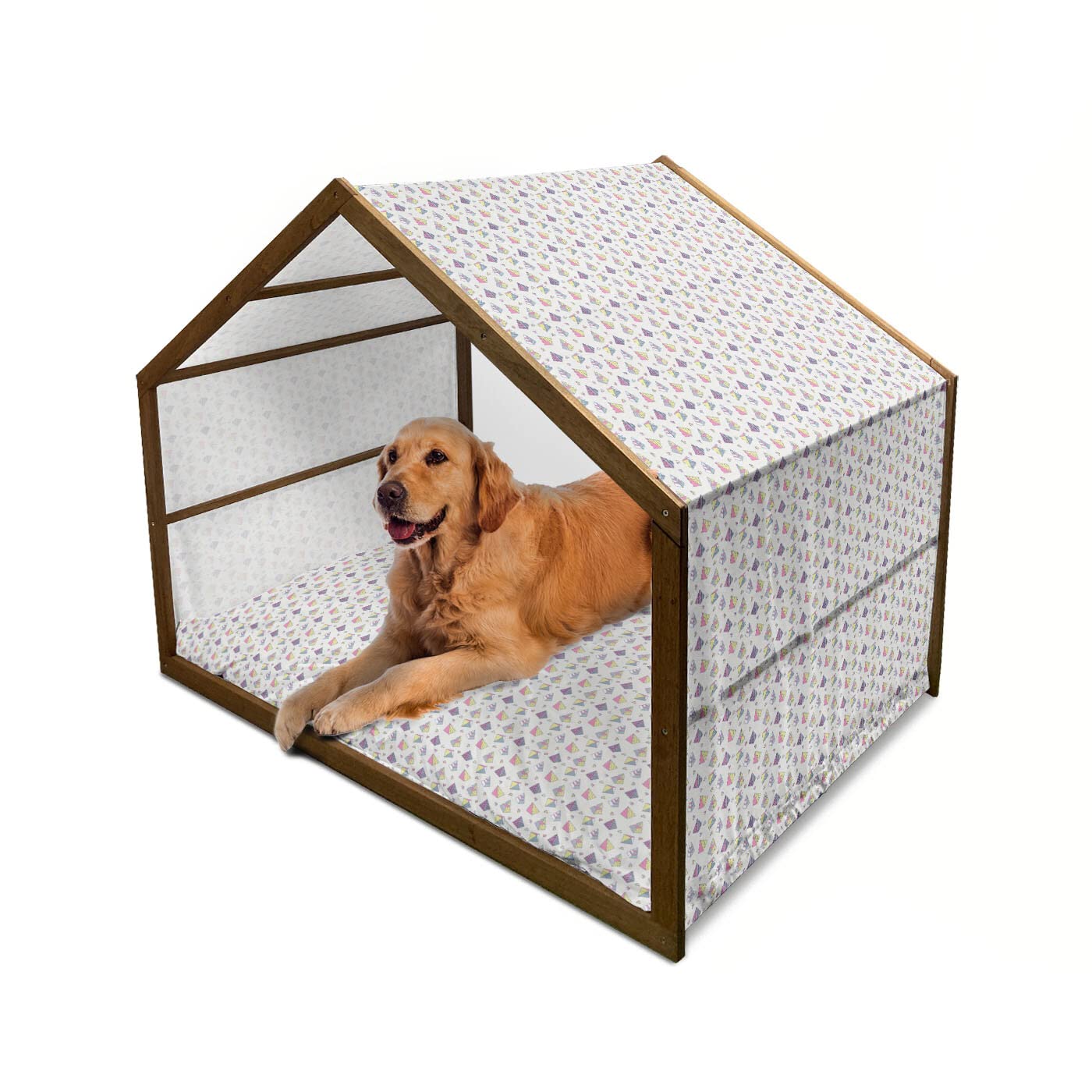Ambesonne Vintage Wooden Dog House - Retro Memphis Style Pyramid Design 1980s 1990s Pattern, Indoor & Outdoor Portable Pet Kennel with Pillow & Cover, X-Large Multicolor - Perfect for Backyard, Patio, or Home Decor