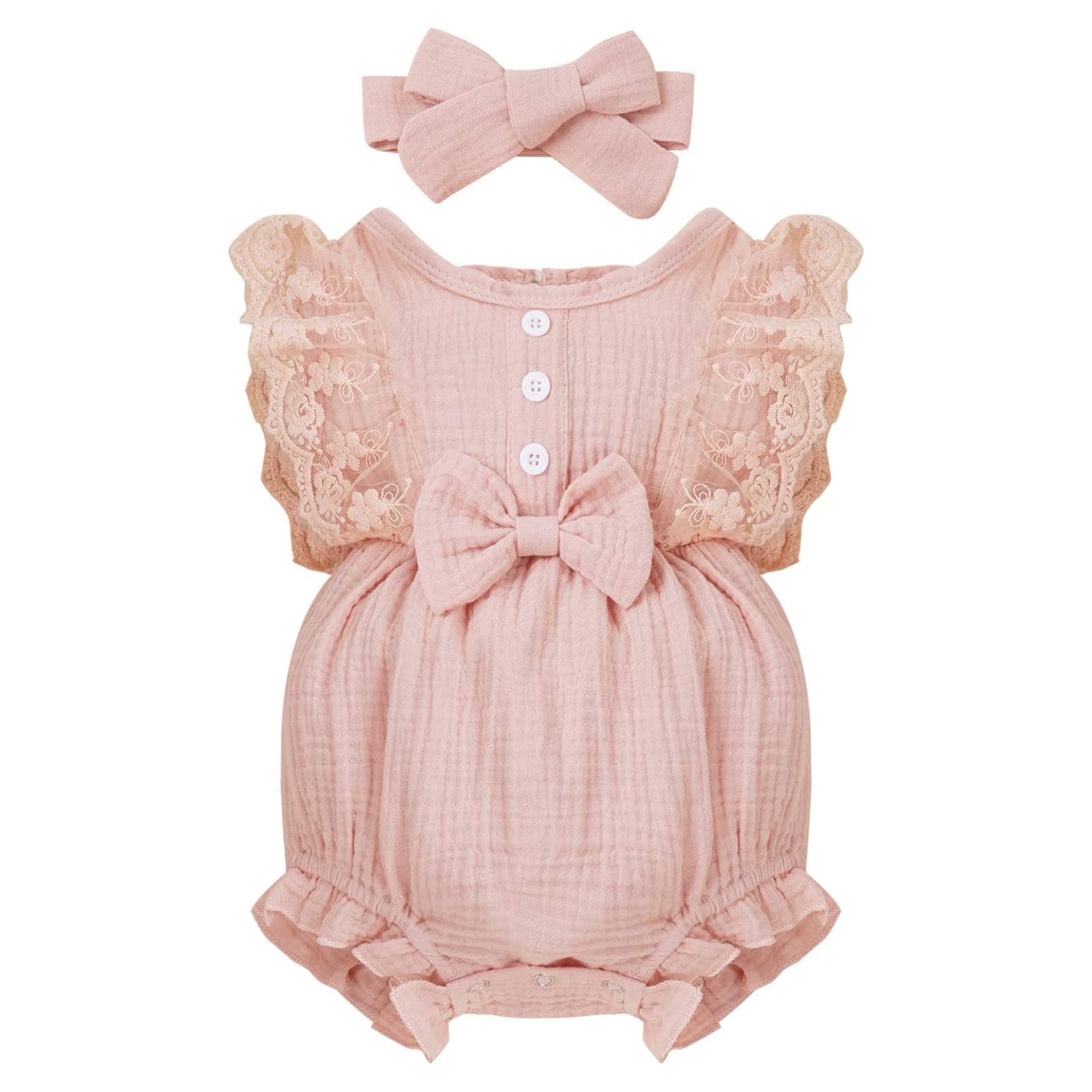 Yartina Baby Girls Summer Romper - Lace Ruffle Sleeve Princess Jumpsuit with Button Down & Headband - Perfect for Outdoor Play, Birthday Parties & Photo Shoots