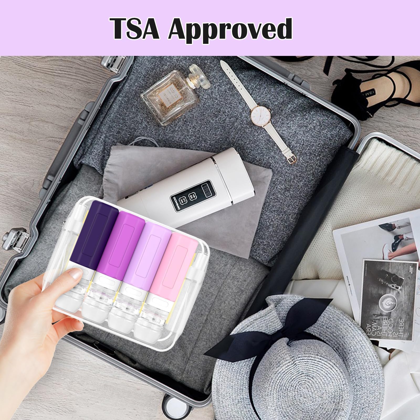 17PCS TSA Approved Travel Bottles for Toiletries - Leak Proof Silicone Containers Set for Shampoo, Conditioner, Lotion & Creams (Purple) | Perfect for Air Travel, Vacation & Gym Essentials