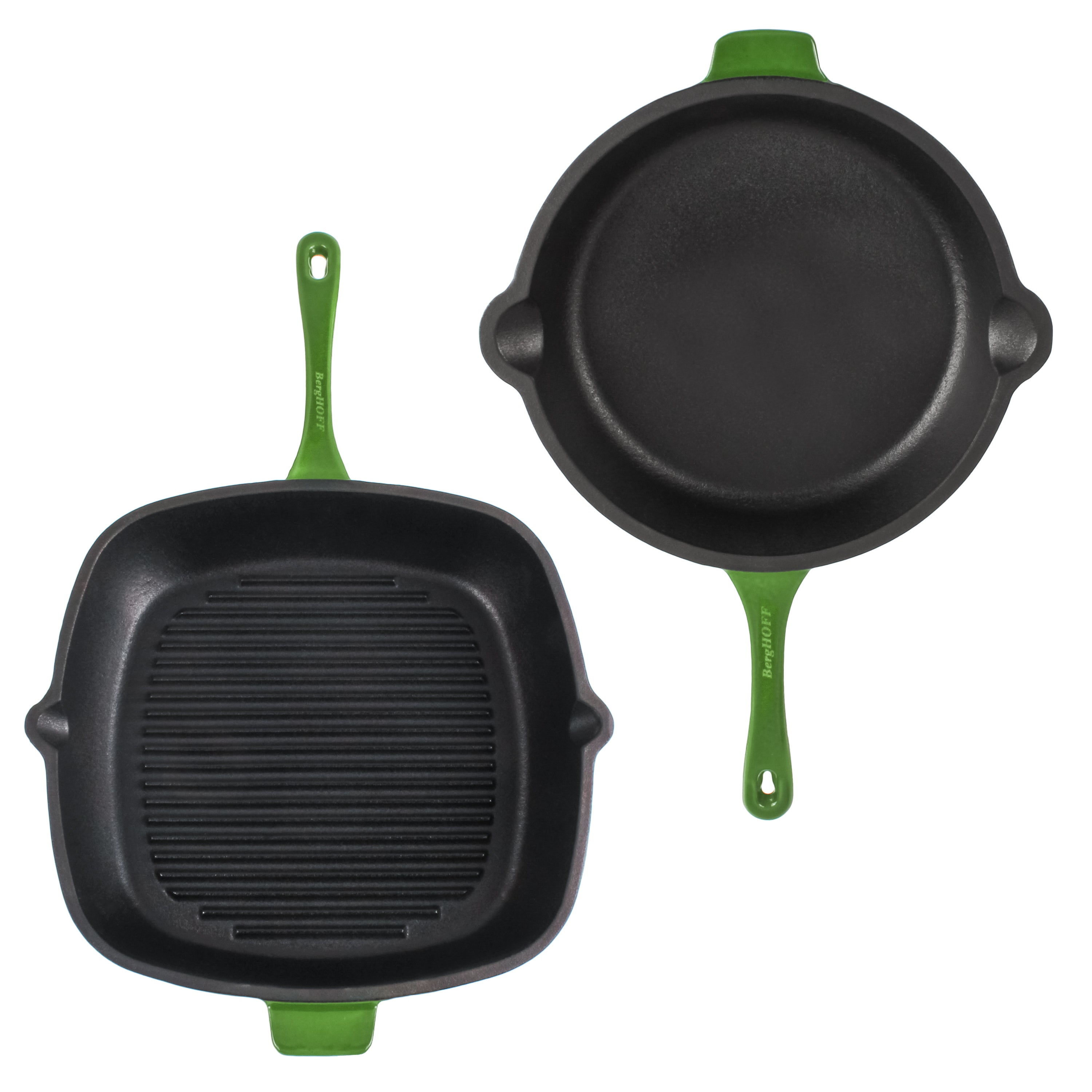 BergHOFF Neo 4-Piece Cast Iron Cookware Set - Grill Pan, Frying Pan & Oval Dutch Oven, Green Enameled | Perfect for Stovetop, Oven & Outdoor Cooking | Durable Kitchen Essentials for Grilling, Searing & Braising