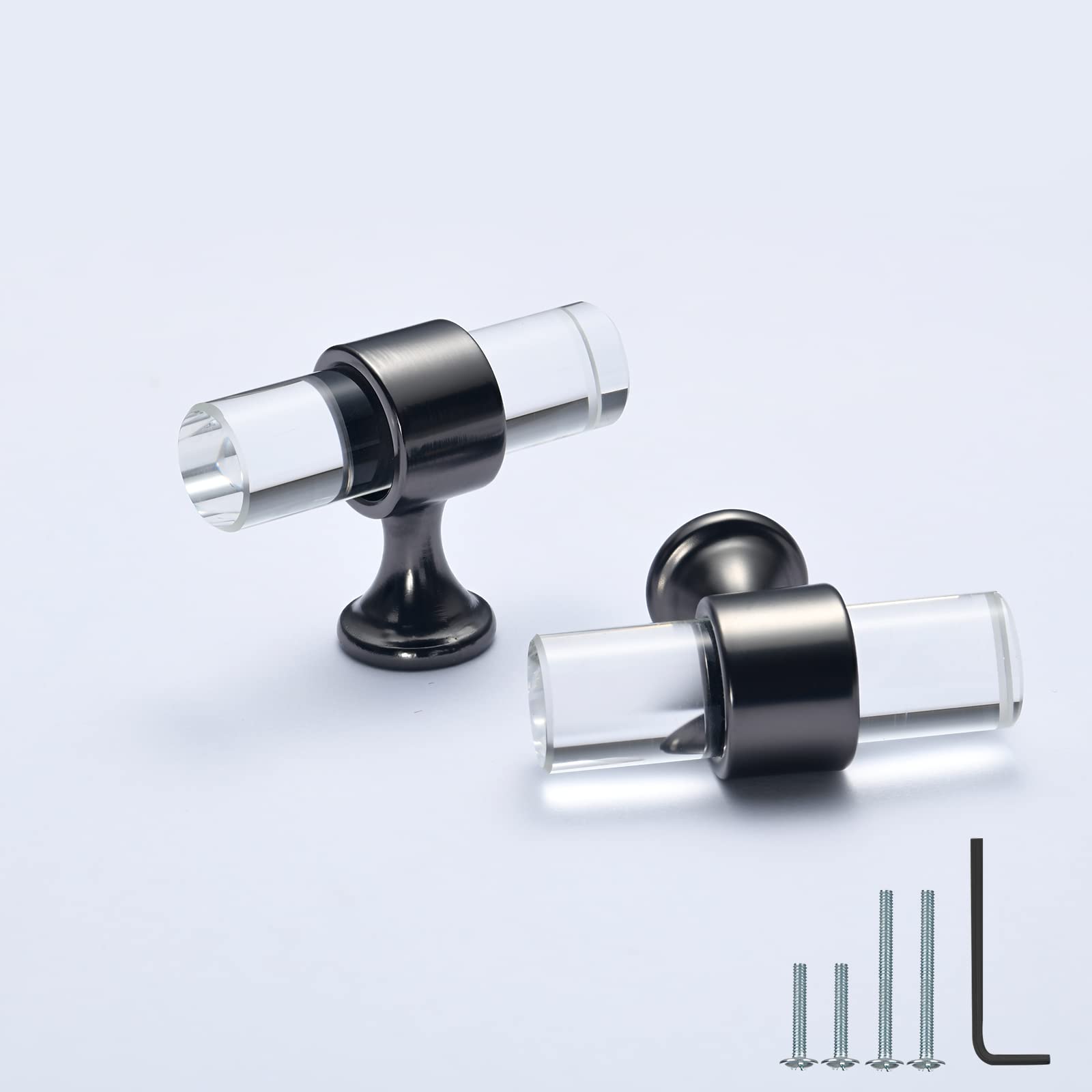 12 Pack Adjustable Cabinet Knobs - Gun Grey & Black T Bar Drawer Handles, 2 Inch Length, Clear Crystal Glass Dresser Knobs for Kitchen Cabinets, Drawers & Furniture (Perfect for Home Renovation & DIY Projects)