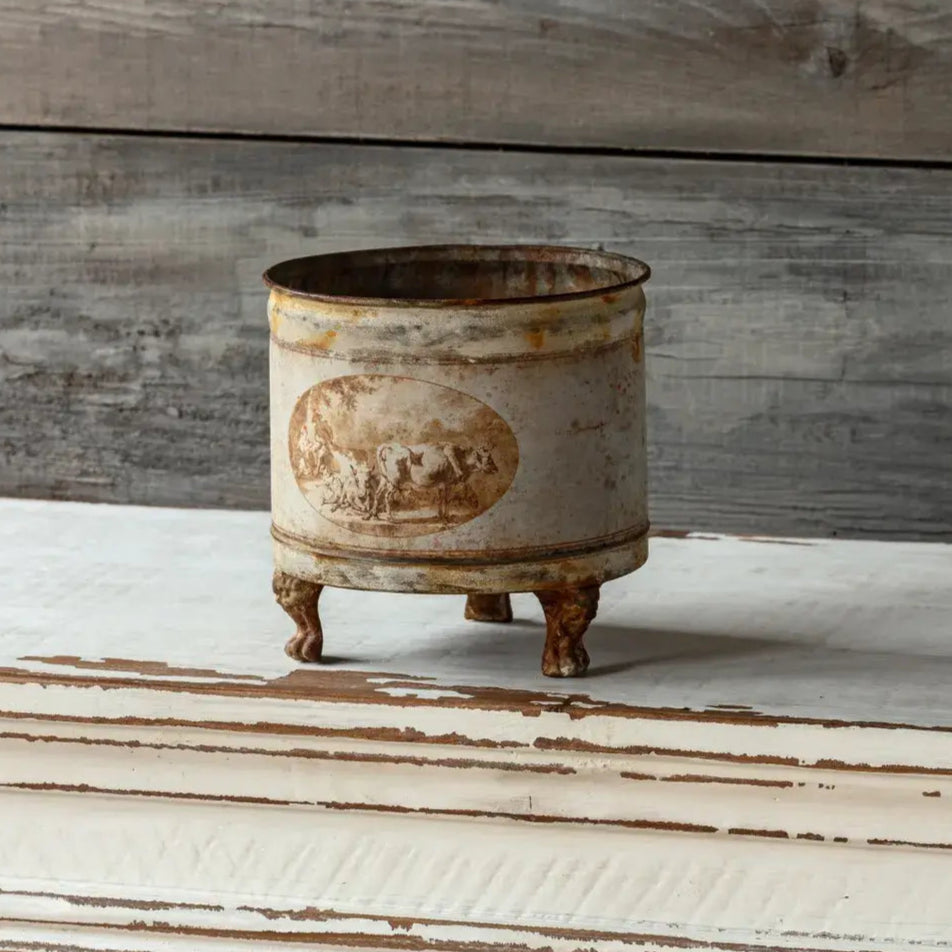 Vintage Round Tole Storage Container - Rustic Home Decor for Bathroom, Kitchen & Office Organization | Hand-Painted Metal Bin for Towels, Utensils & Supplies