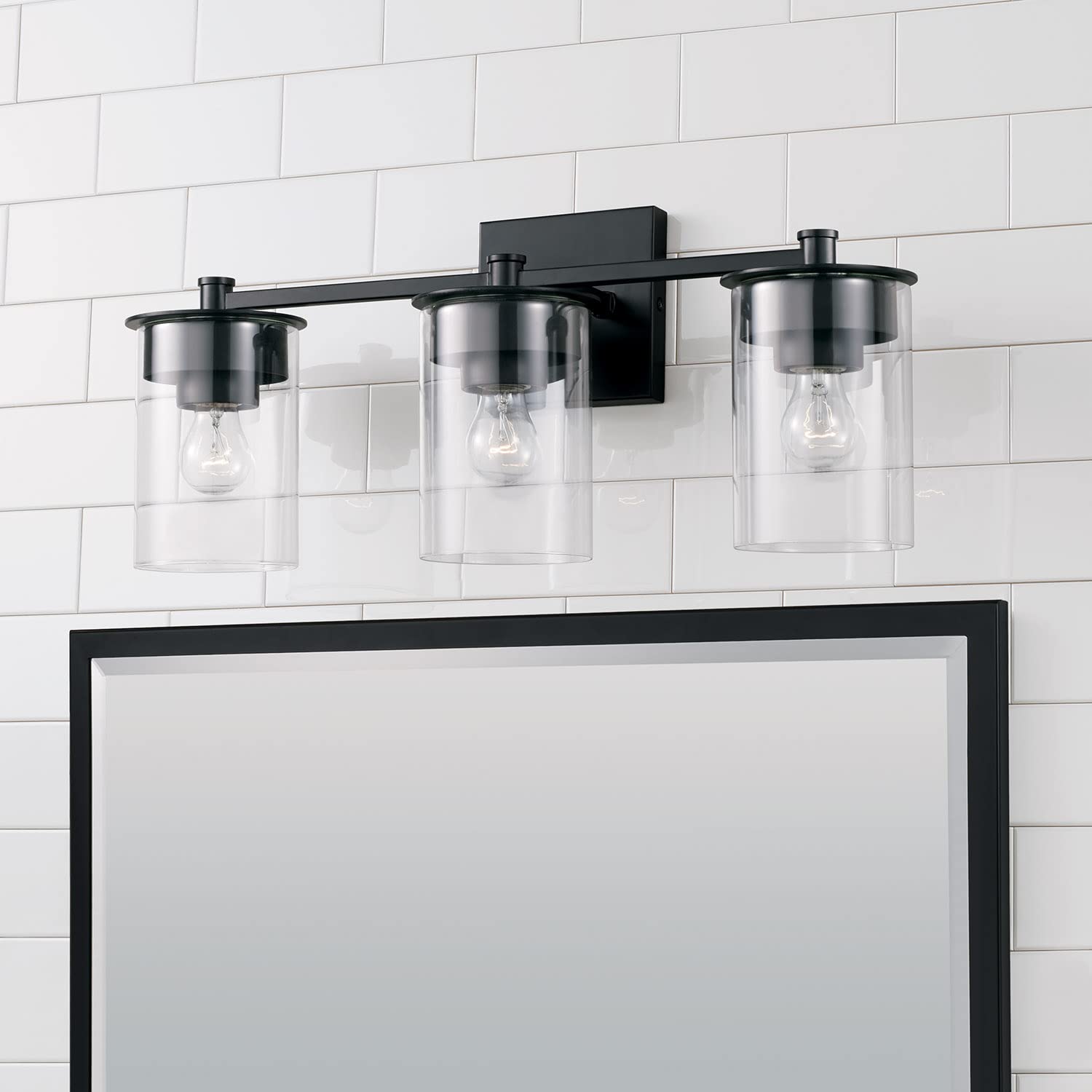 HomePlace Lighting 146831MB-532 3-Light Black Transitional Vanity Light with Clear Glass Cylinder Shades - 300W, 9