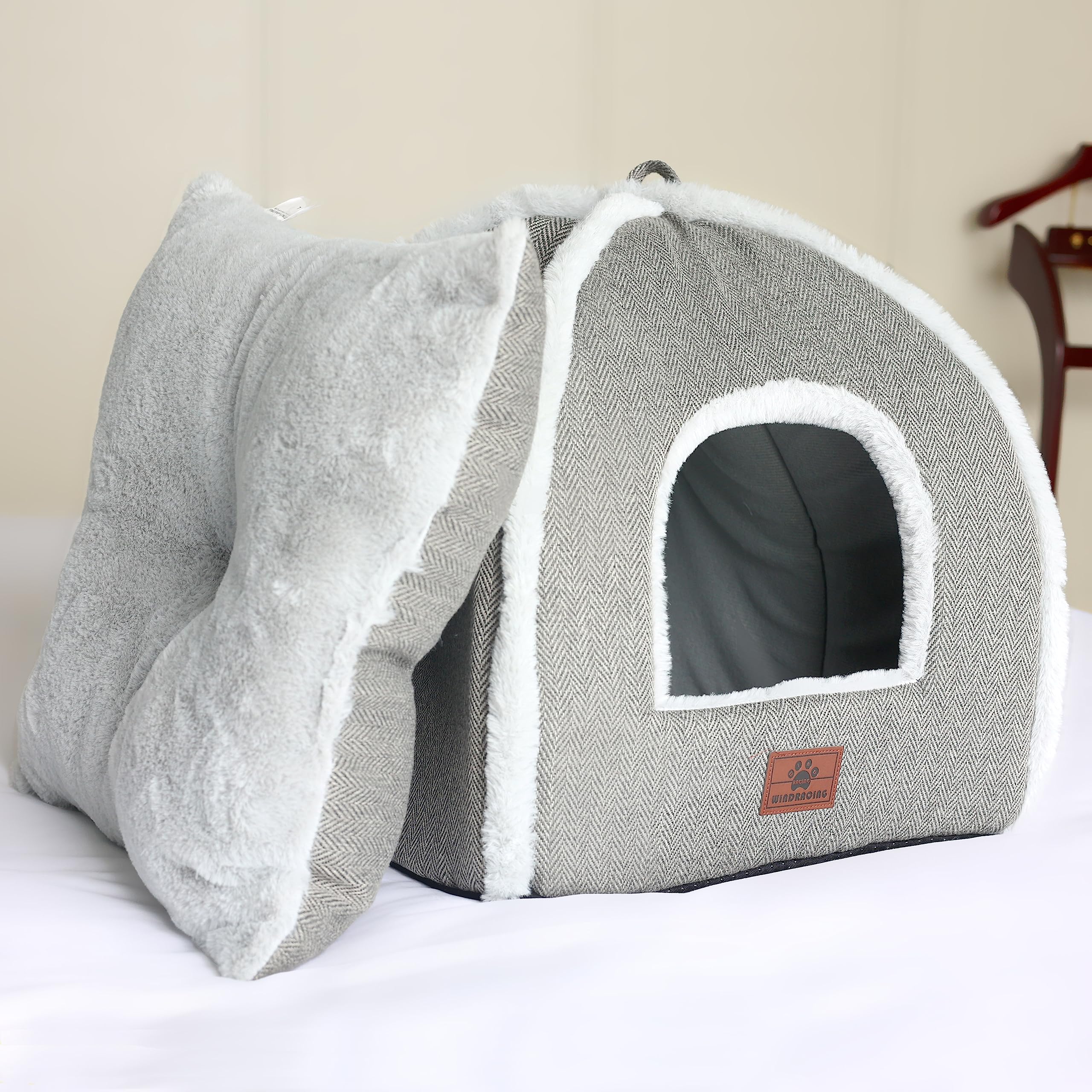 Cozy Self-Warming Cat Bed for Indoor Cats - Soft Washable Cat Cave with Removable Cushion, Grey Large Pet House for Kittens & Adult Cats | Perfect for Winter Warmth, Lounging & Stress Relief