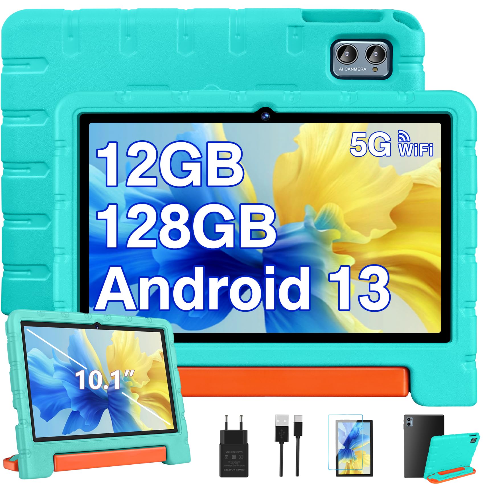 ZIOVO 10 Inch Android 13 Tablet with 12GB RAM 128GB ROM (Expandable to 1TB), 5G WiFi, Octa-Core 2.0GHz Processor, Bluetooth 5.0, 8MP+5MP Dual Camera, 6000mAh Battery - Kids Tablet with EVA Protective Case (Green) - Perfect for Online Learning, Gaming & Entertainment