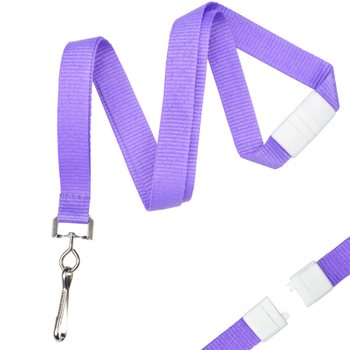 Bright Neon Lanyards 100 Pack - Breakaway Safety Clasp & J Clip for ID Badges, Name Tags - Office & Event Use (Purple)
