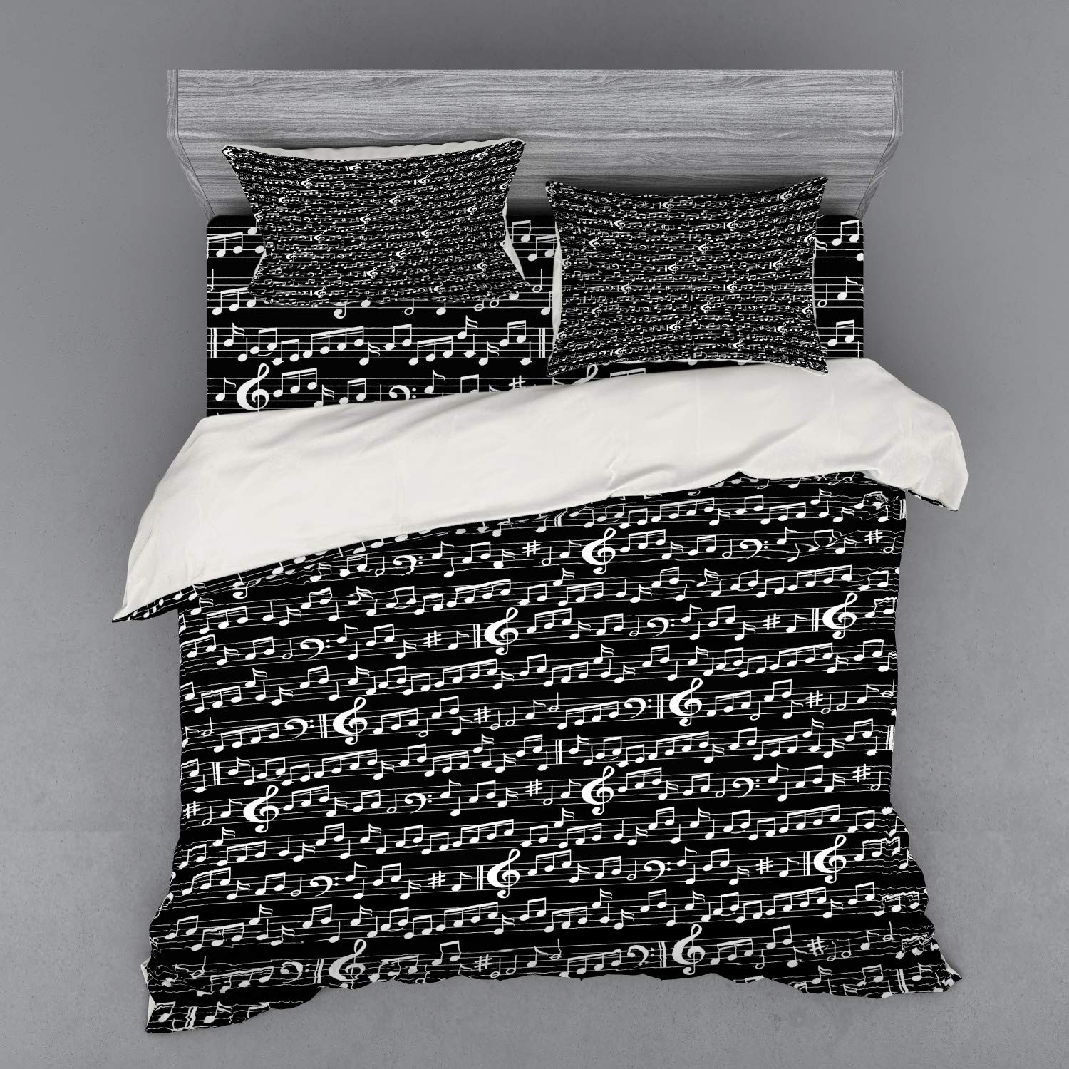 Ambesonne Music Duvet Cover Set - King Size Black & White Abstract Musical Notes & Clef Sheet Pattern 4-Piece Bedding with Shams & Fitted Sheet | Perfect for Musicians' Bedrooms, Music Studio Decor, or Gift for Music Lovers