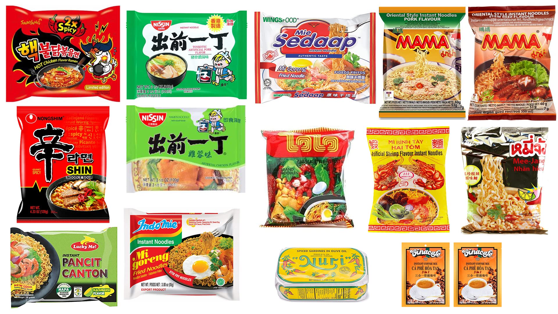 INFINITEESHOP Asian Instant Ramen Variety Pack with Sardines & Free Snacks - 12 Pack Assorted Noodles | Quick Meals for Students, Office Lunch & Emergency Food Supply