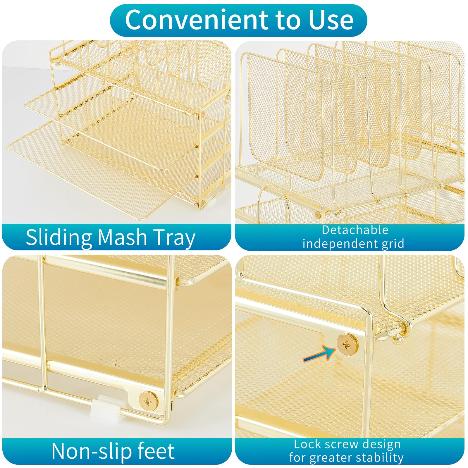 AUPSEN 3-Tier Metal Desk Organizer with 5-Section Vertical File Holder - Gold Office Supplies for Home & Workspace - Perfect for Paper Storage, Document Organization & Office Accessories Arrangement
