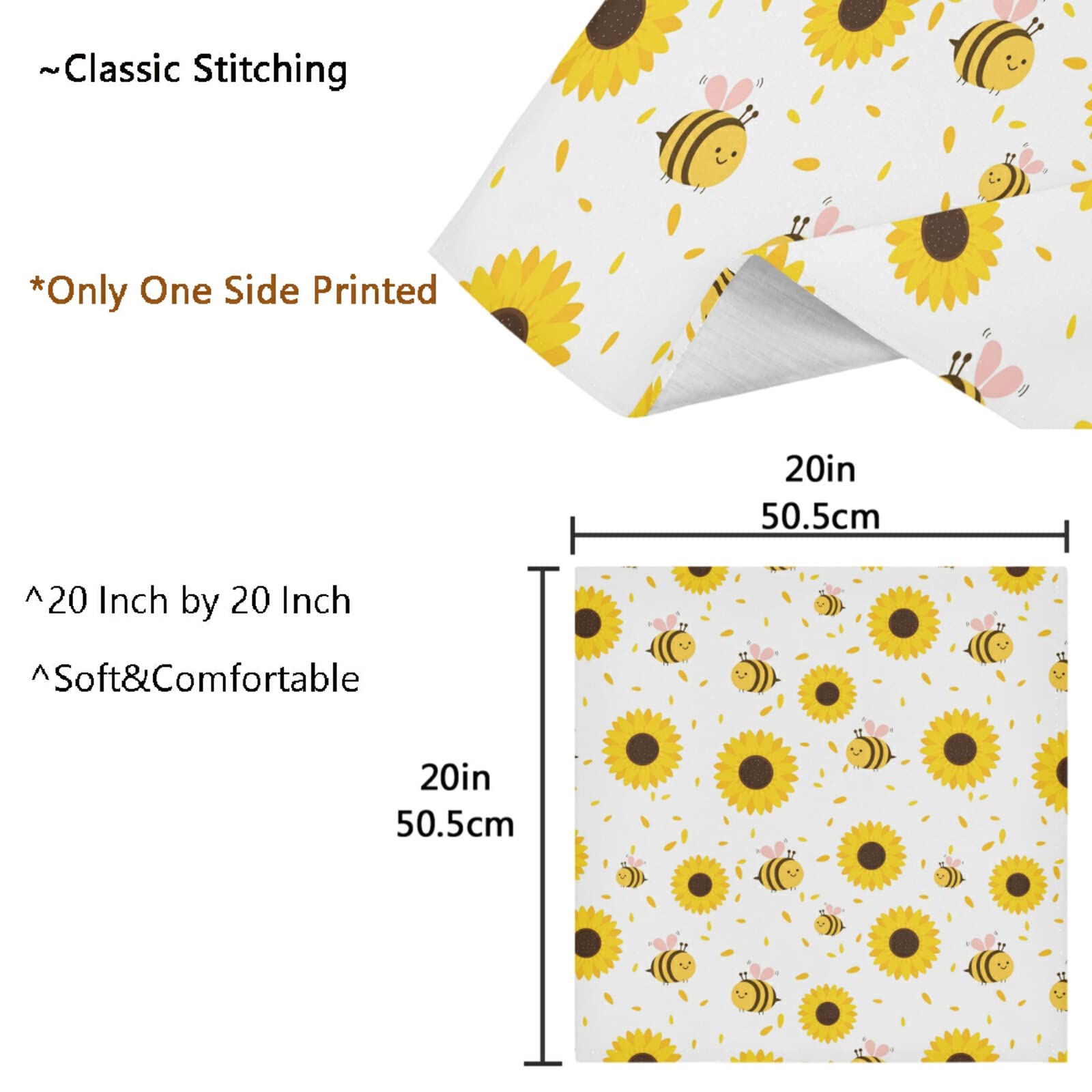 Sunflower Bee Pattern Cloth Napkins - Set of 4 Soft 20x20 Inch Polyester Dinner Napkins for Family Dining, Restaurants, Weddings & Parties - Perfect for Spring Decor & Outdoor Picnics