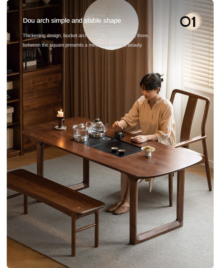 Premium Black Walnut Solid Wood Tea Table with Integrated Tray - Handcrafted Tea Serving Set for Living Room, Zen Meditation & Japanese Tea Ceremony
