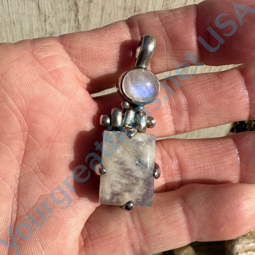 Vintage Large Sterling Silver Rainbow Moonstone Pendant Necklace - Elegant Boho Jewelry for Women, Perfect for Weddings, Parties & Everyday Wear