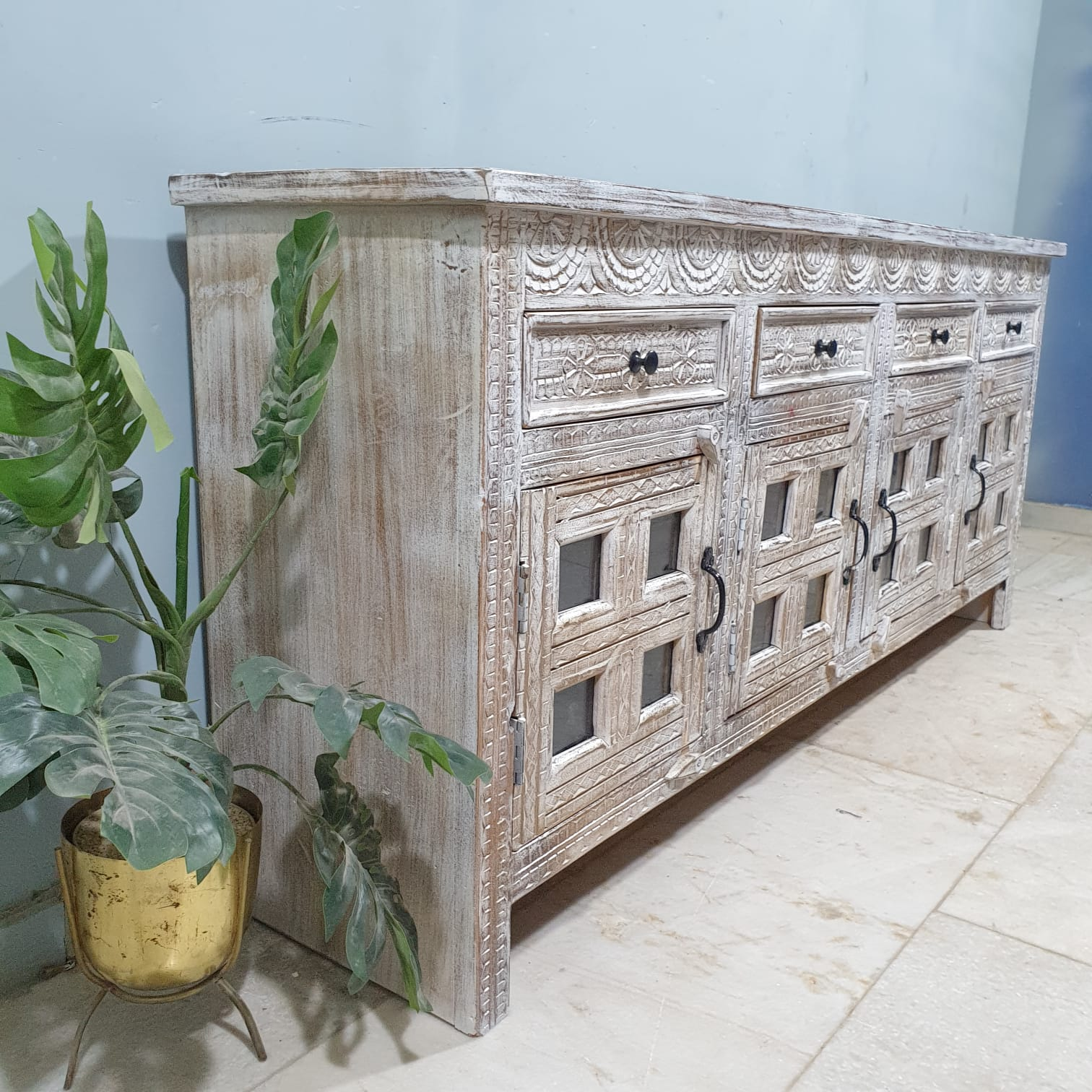 Handmade Carved Indian Mango Wood Sideboard with 4 Drawers & 4 Doors - Whitewashed Finish | Perfect for Dining Room Storage & Farmhouse Decor