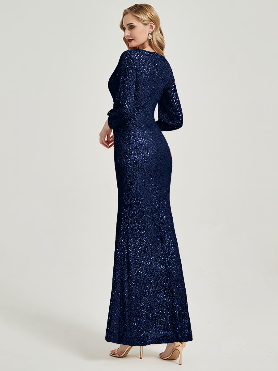 Elegant Dark Navy Sequin V-Neck Long Sleeve Mermaid Evening Gown for Women - Perfect for Prom, Black Tie Events & Formal Occasions