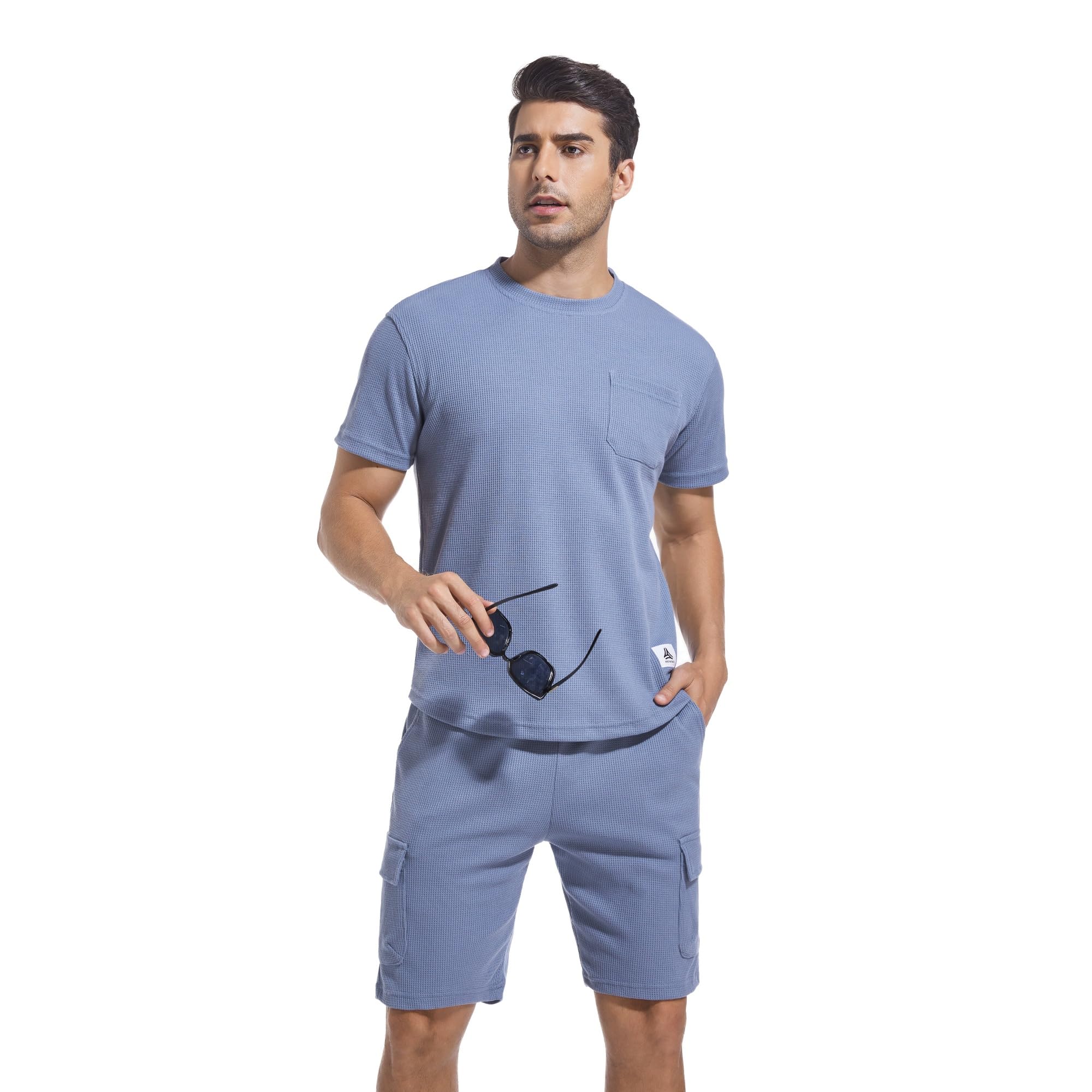 ANOTWENER Men's 2-Piece Casual Waffle Knit T-Shirt & Shorts Set - Summer Beach Vacation Outfit for Relaxing, Travel & Outdoor Activities