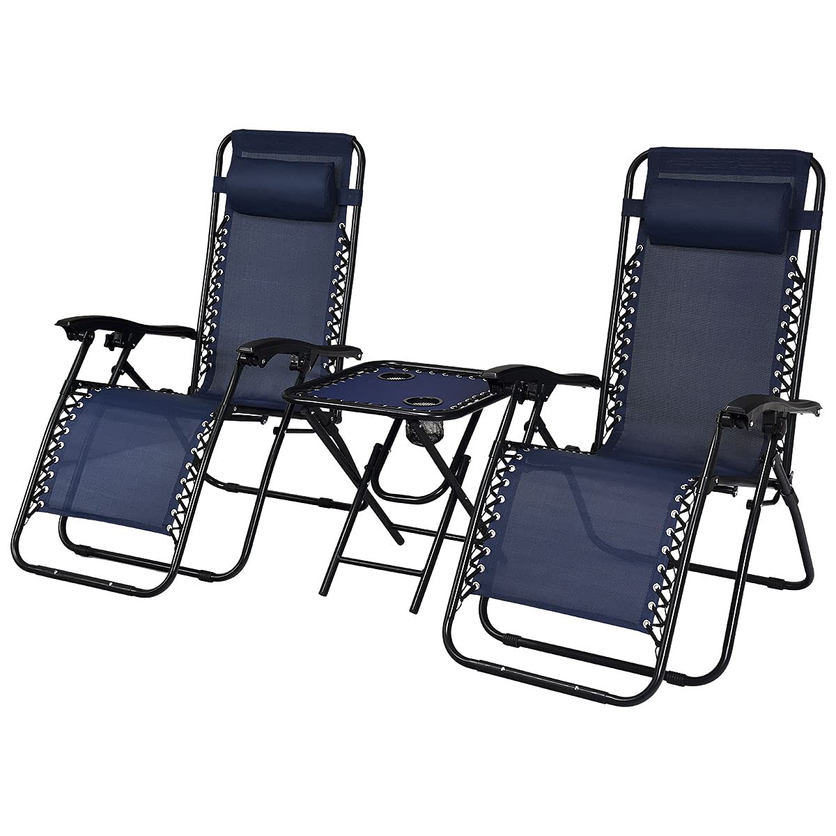 3PCS Zero Gravity Lounge Chairs for Patio, Outdoor, Pool & Yard - Adjustable Reclining Folding Chaise with Side Table - Navy Blue - Perfect for Relaxing, Sunbathing & Backyard Lounging