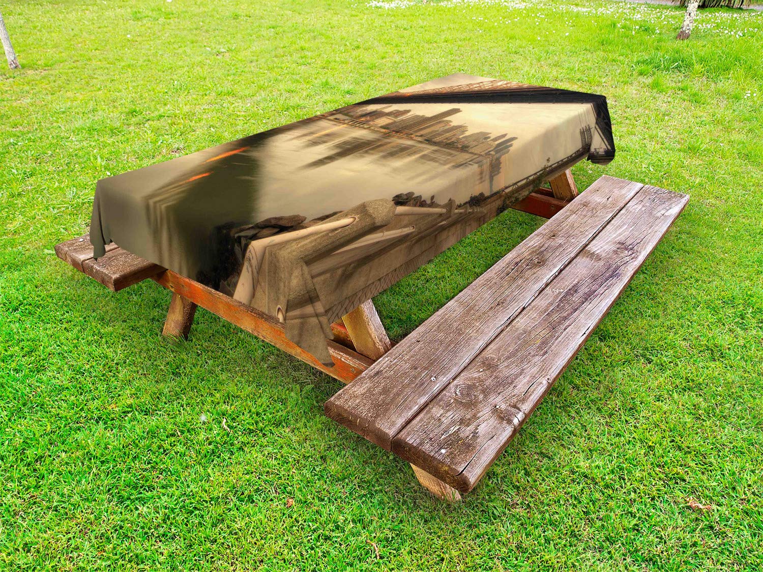 Ambesonne Washable Outdoor Tablecloth - Queensboro Bridge New York City Scenic Design, 58x120 Inches, Tan Eggshell - Perfect for Picnics, BBQs, and Outdoor Dining