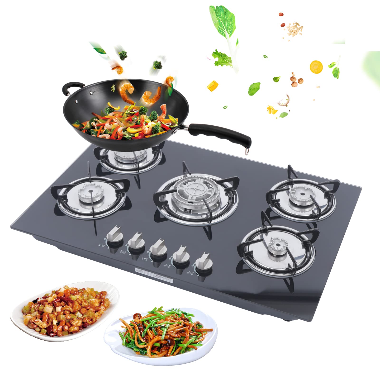 30 Inch 5 Burner Built-in Gas Cooktop with Tempered Glass & Cast Iron Grates - Thermocouple Protection for Safe Cooking - Perfect for Home Kitchen, Restaurant & Outdoor BBQ
