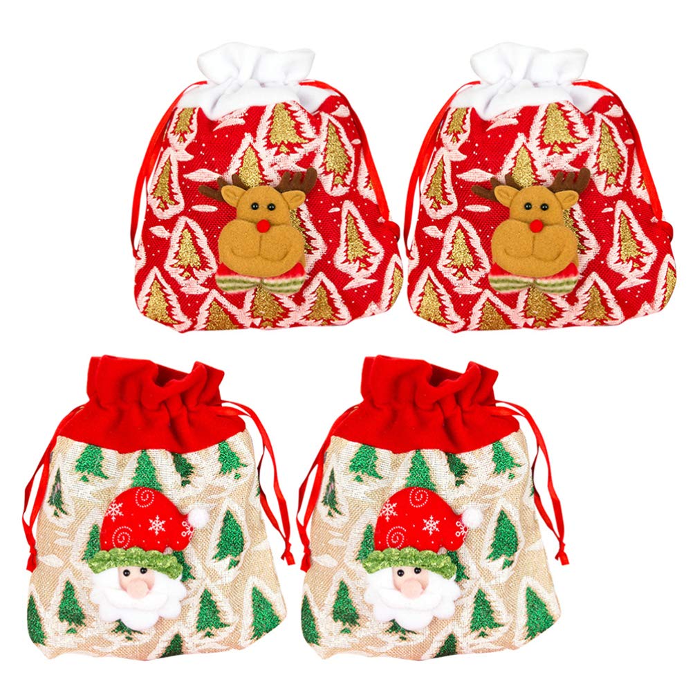 DOITOOL 4-Piece Santa Deer Plush Christmas Treat Bags - Drawstring Holiday Goody Bags for Xmas Party Favors, Stocking Stuffers & Gift Exchange (Red, Green)