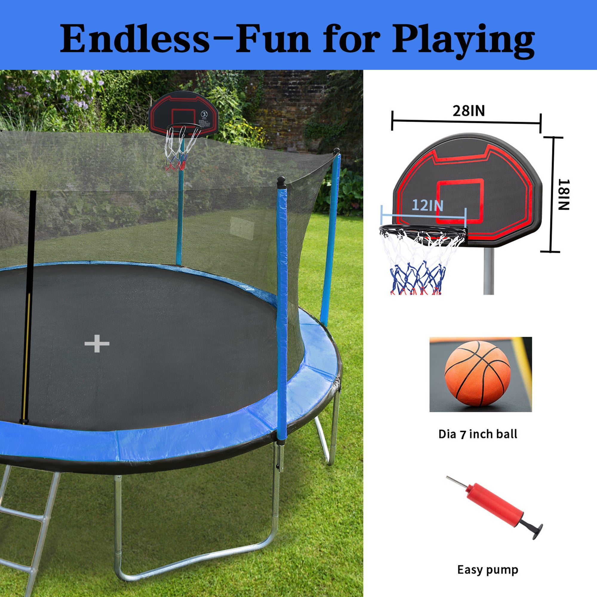 15FT Trampoline with Basketball Hoop, Air Pump & Ladder - Blue Safety Enclosure for Outdoor Family Fun & Backyard Exercise