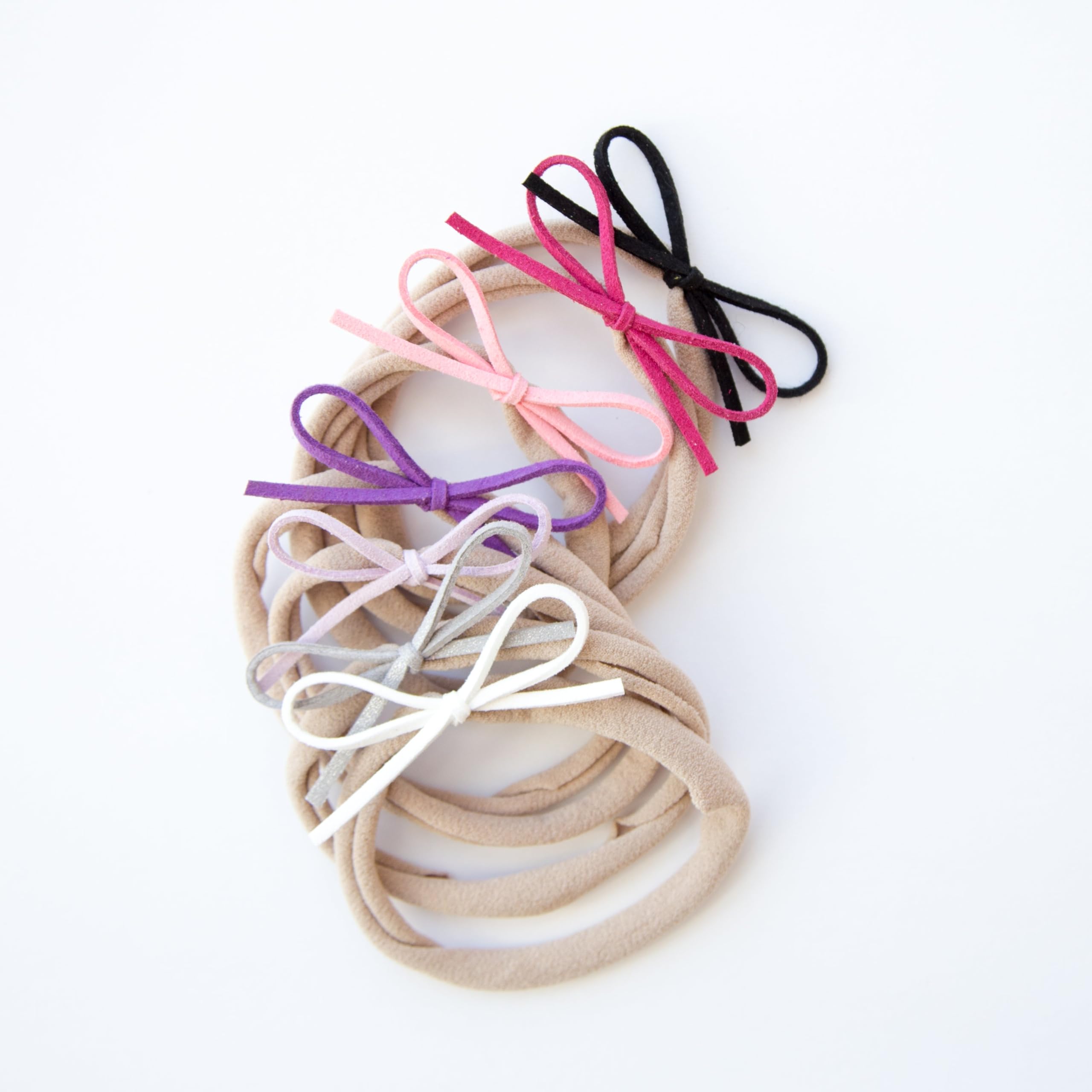 Suede Baby Bow Set of 7 - Nude Nylon Headband for Girls - Perfect for Photos, Parties, and Everyday Style