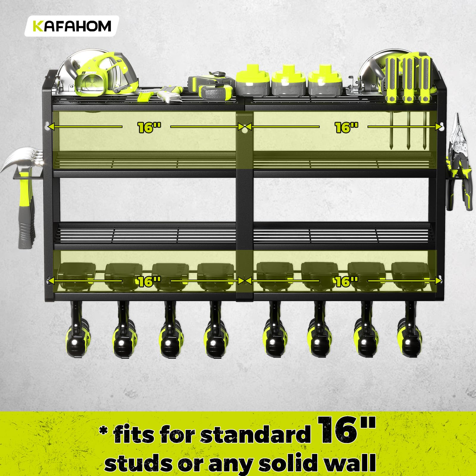 KAFAHOM Heavy Duty Metal Power Tool Organizer Wall Mount – 8 Drill Holder, 4-Layer Garage Storage Rack with Screwdriver, Plier & Hammer Holders | Perfect for Workshop, Garage & DIY Tool Organization