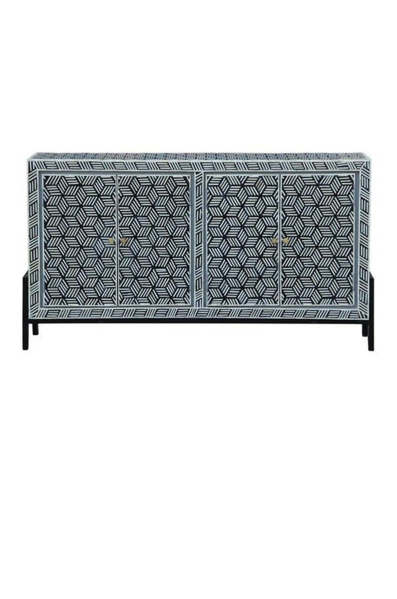 Handmade Bone Inlay Buffet Table with Geometric Pattern - 4 Door Sideboard Cabinet for Dining Room, Living Room & Entryway Storage