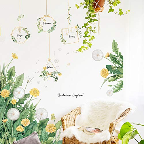 Vibrant Dandelion & Chlorophytum Wall Stickers - Realistic Green Plant Decals for Bedroom, Living Room & Home Decor | Jungle Leaf Theme Wall Art for Nursery, Office & Indoor Spaces