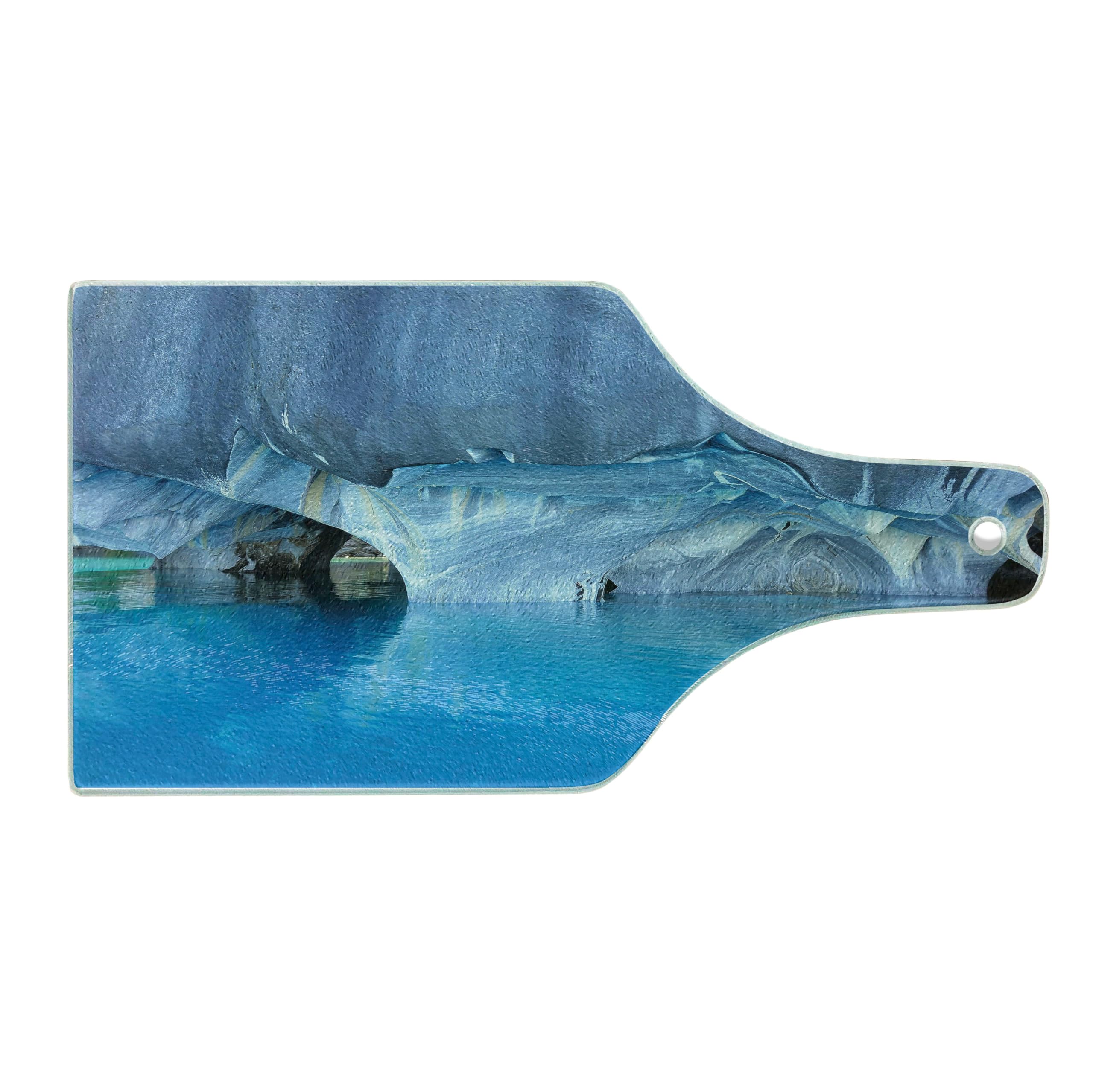 Ambesonne Blue Marble Glass Cutting Board - Chile Carrera Lake Inspired, Tempered Glass Serving Board for Kitchen, Wine Bottle Shape - Perfect for Charcuterie, Cheese, and Entertaining (Blue, Purple, Grey, White)
