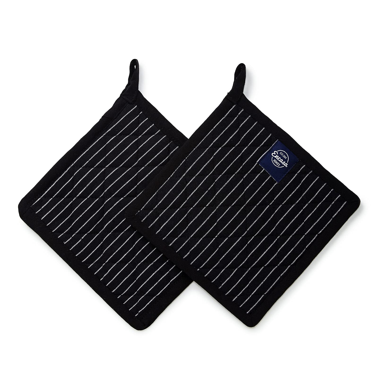 Encasa Homes 8 Inch Oven Microwave Potholders Set of 2 - Heat Resistant Kitchen Gloves for Cooking, Baking & Grilling - Thick & Safe Hand Protection from Hot Pans, Dishes - Butcher Stripes Black Design - Perfect for Home Kitchen, BBQ & Holiday Baking