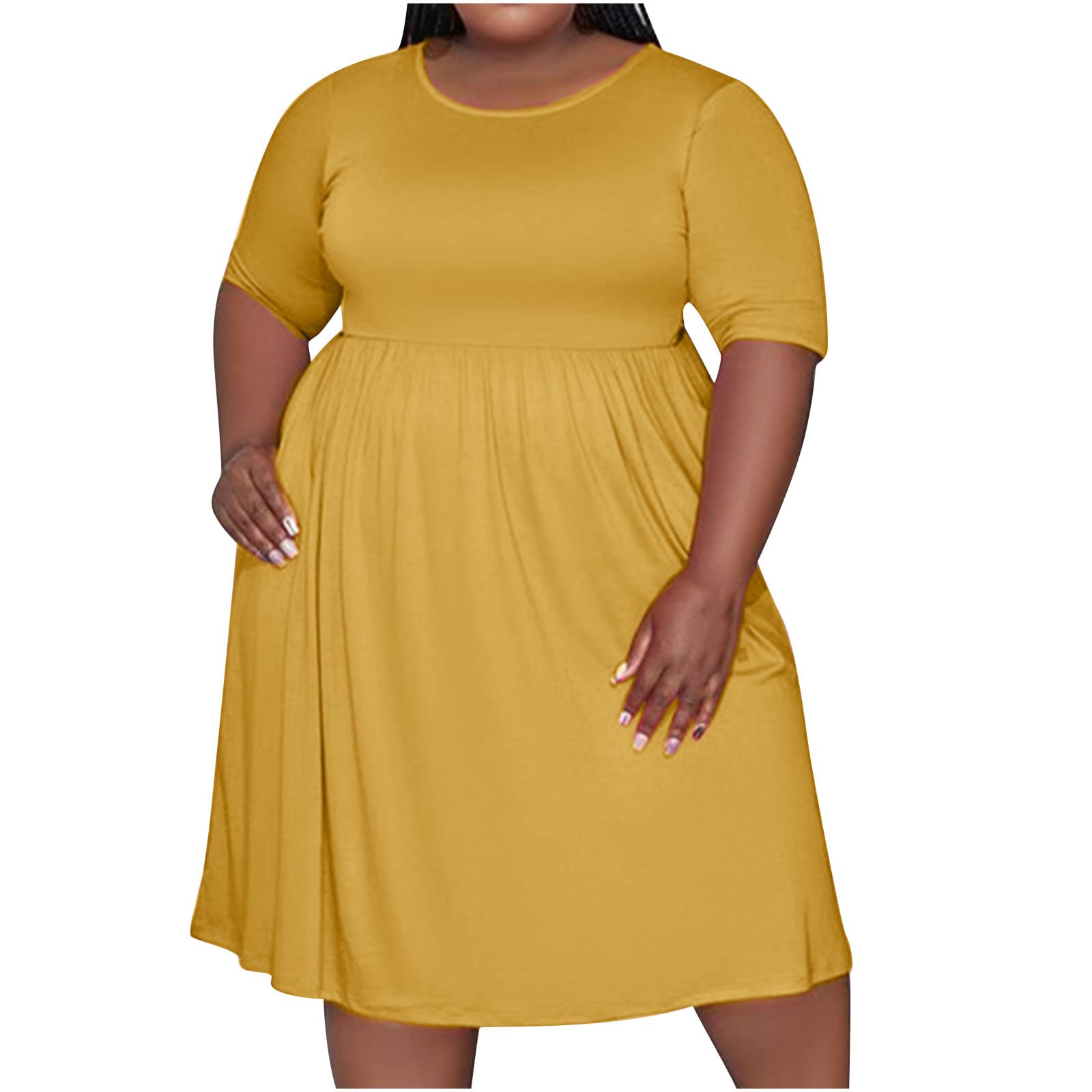 Women's Summer Short Sleeve Crewneck Mini Dress - Stretchy Elastic Waist, Pleated Swing Design - Plus Size Casual Tunic Dress for Beach, Vacation & Everyday Wear