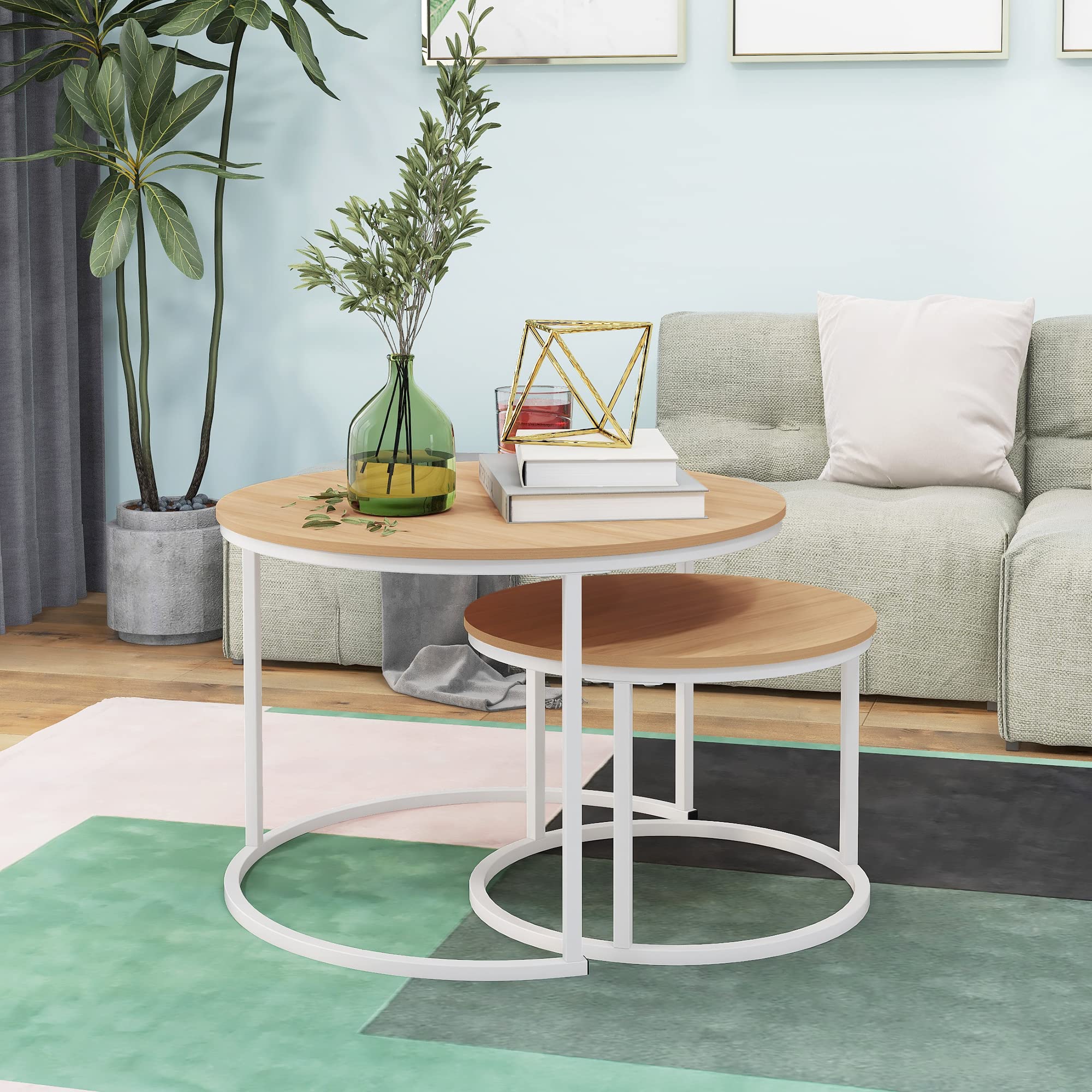 HOJINLINERO 2-Piece Round Coffee Table Set - Stackable End Tables for Living Room, Sturdy & Easy Assembly, Wood Look Accent Furniture with Metal Frame, Industrial Modern Style in White & Teak Oak - Perfect for Small Spaces, Sofa Side Tables, Coffee Table Alternatives, Home Office & Apartment Decor